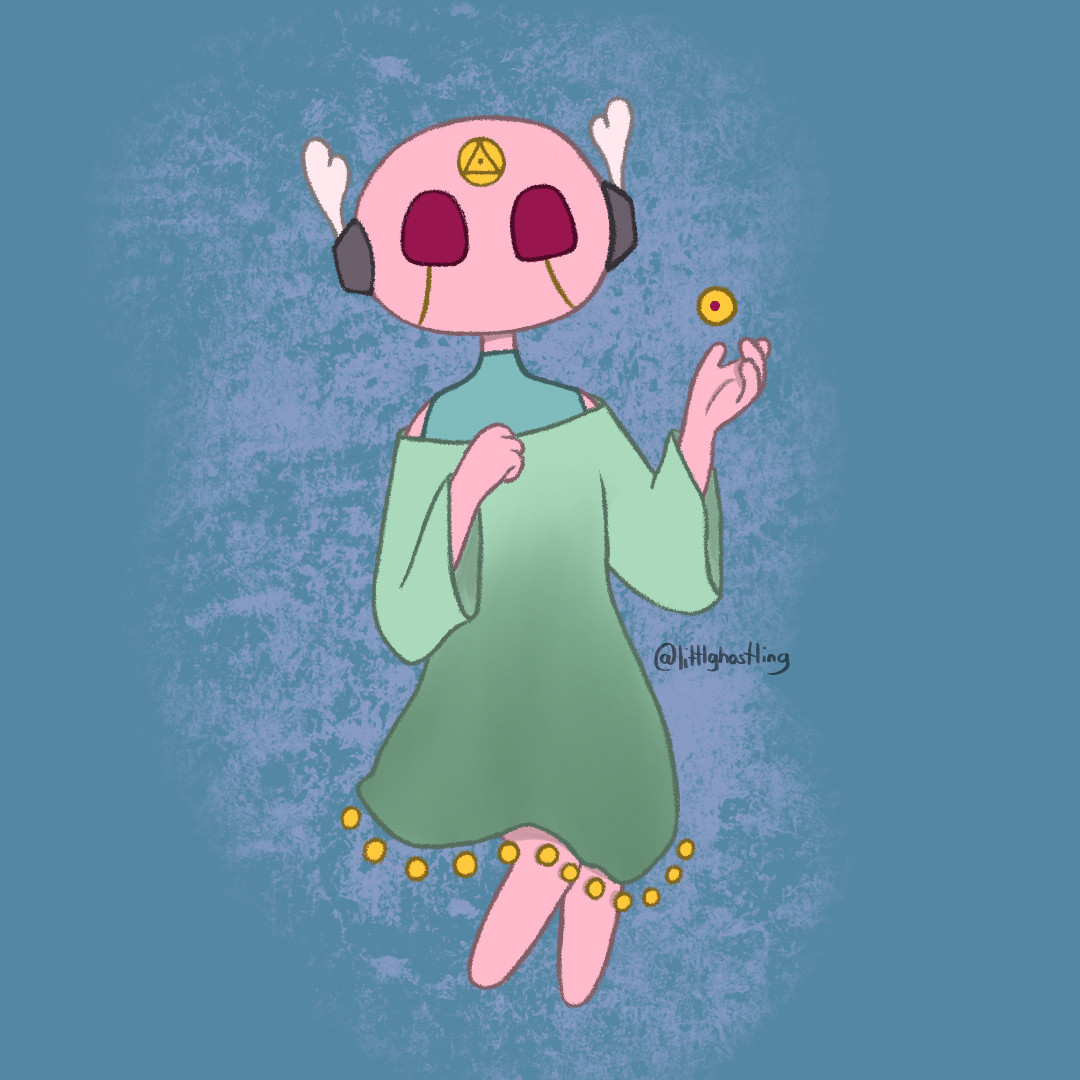 A pink iterator oc from the game Rain World that now wearing a light green dress with golden pearls along the hem with one in her hand