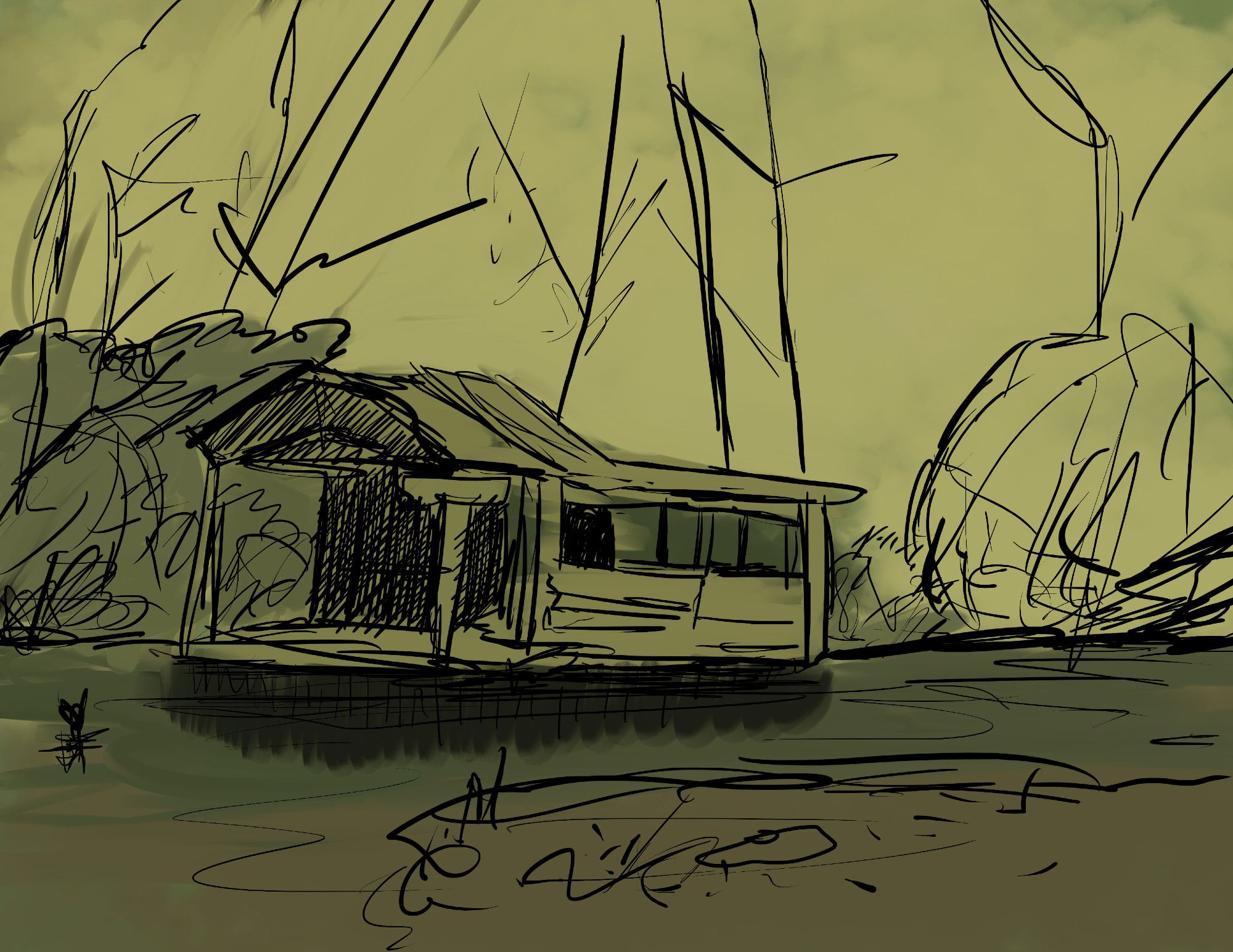 quick digital sketch of a swamp shack in a simplified/minimalist swampy setting.
not signed by yours truly but drawn by yours truly, macnult 🎨