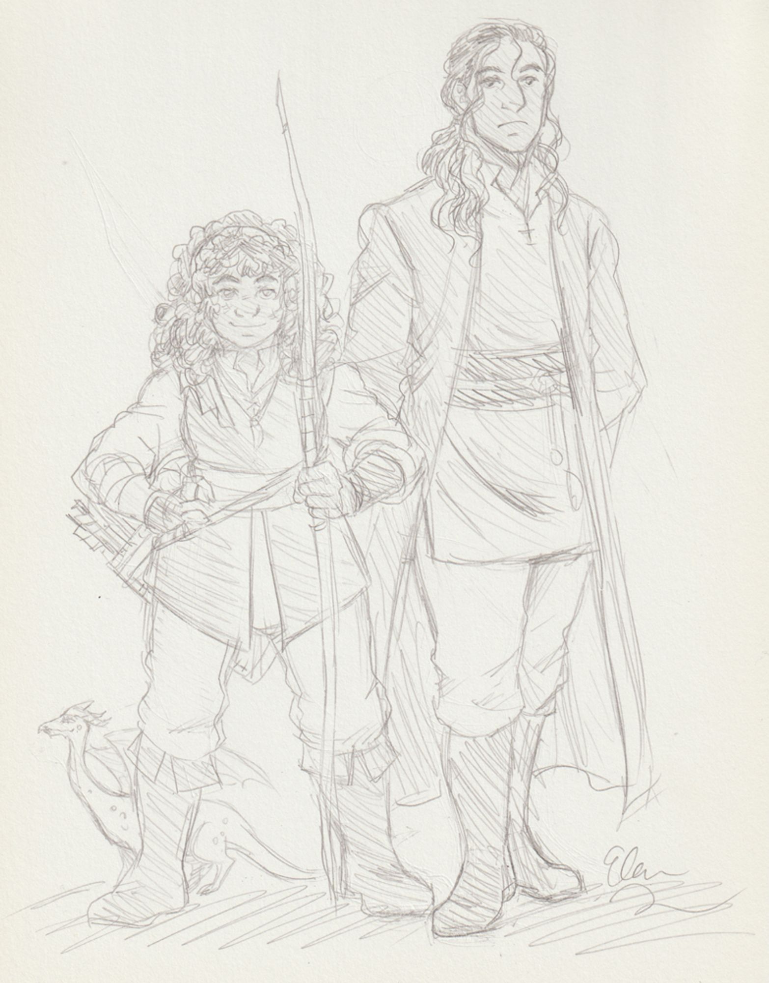 A rough sketch of designs of the two main characters in Tamora Pierce's The Immortals series. Daine is a shorter girl with curly hair held back by a cloth wrap, carrying a boy, and has a little dragon at her feet. Numair is a very tall man with dark, wavy hair and a stoic expression.