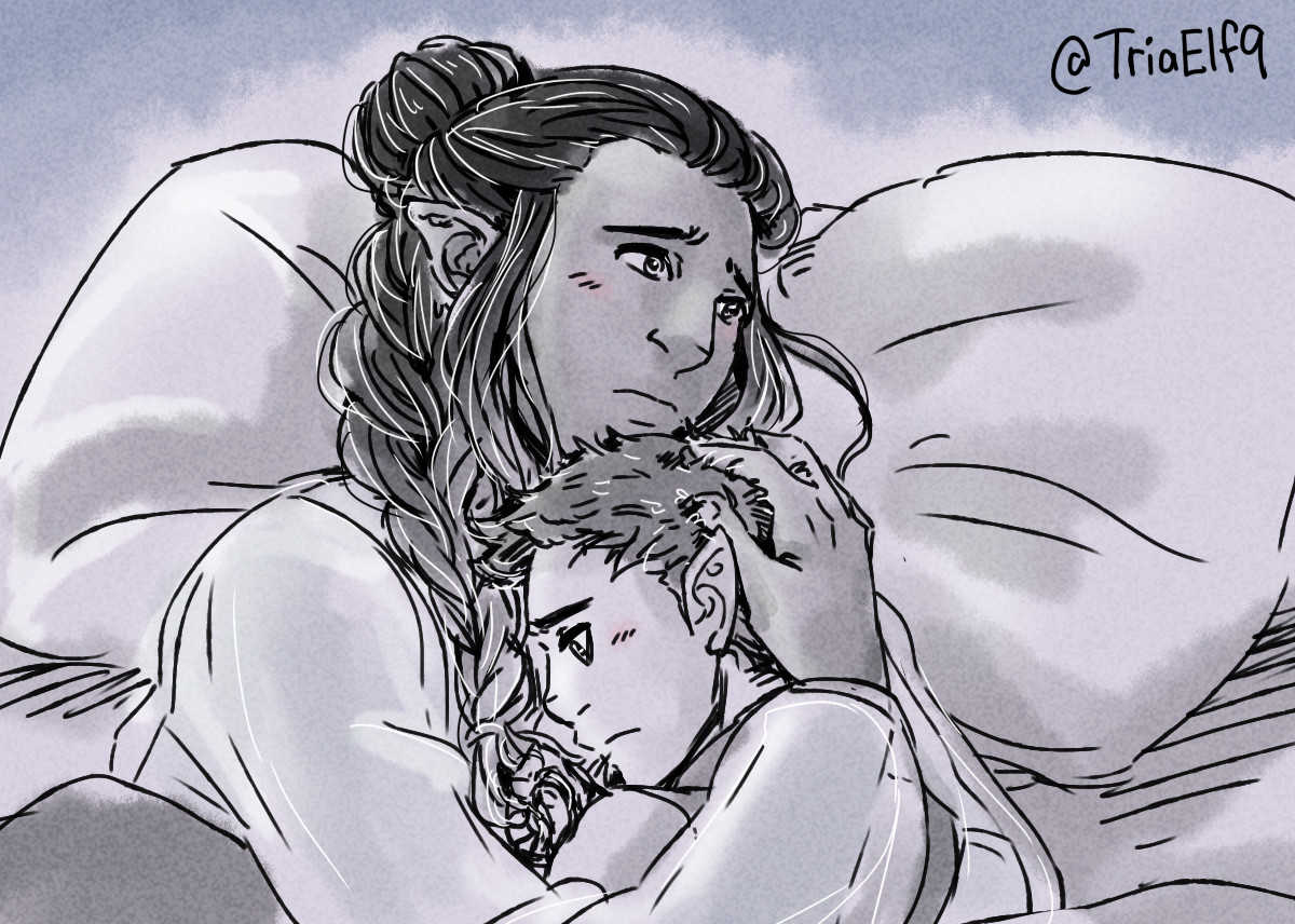 Dorian and Orym hugging each other tightly as they fall asleep.