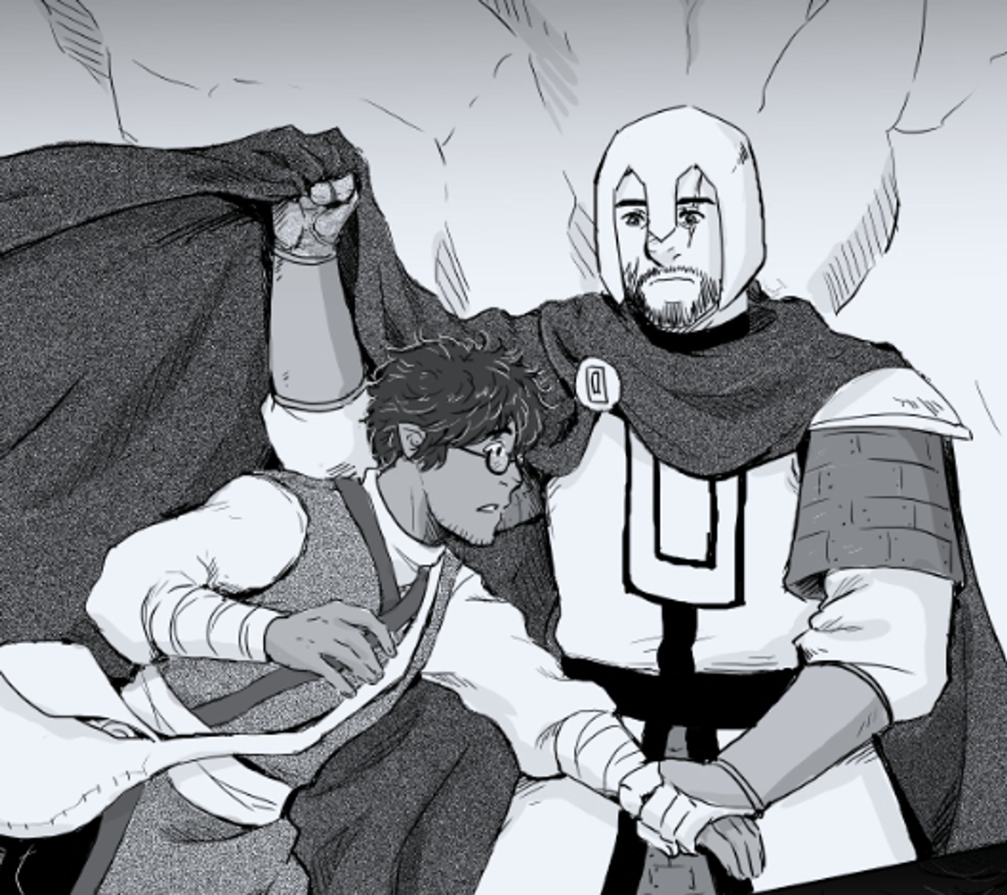 A grayscale panel from the comic, Kahlik pulling Atawn under his cloak to hide him.