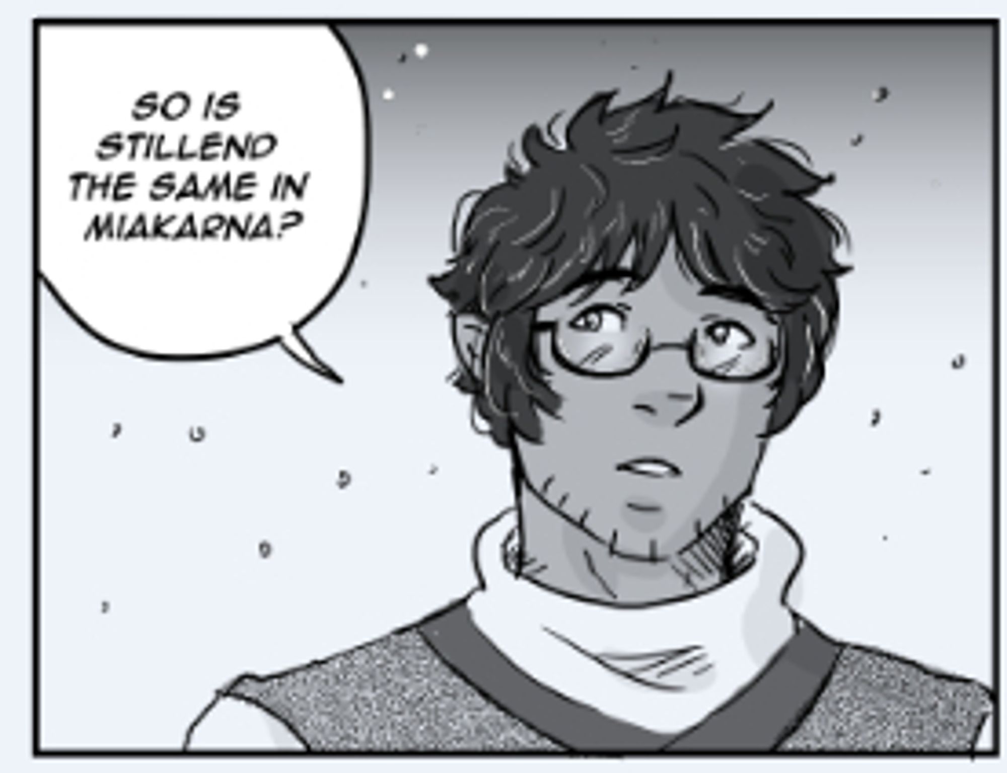 A panel of Atawn talking to Kahlik, with a soft expression on his face