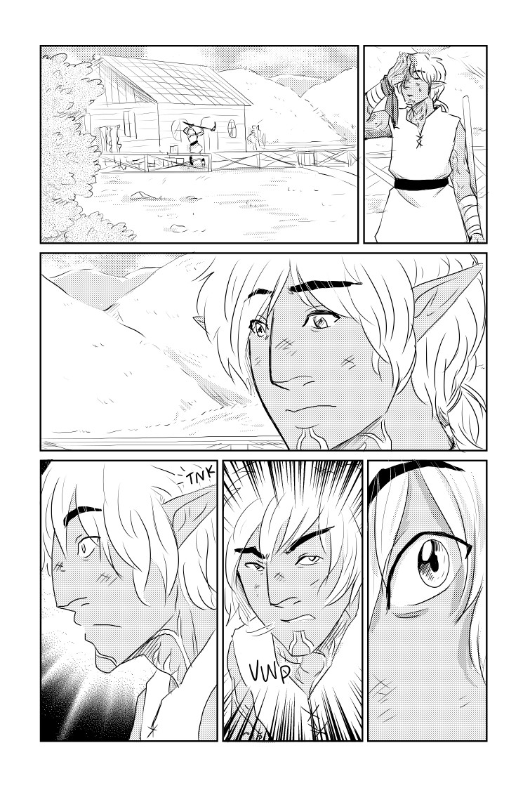 A grayscale comic where Fenris is doing some yard work, hears something, turns on guard, and then stares.