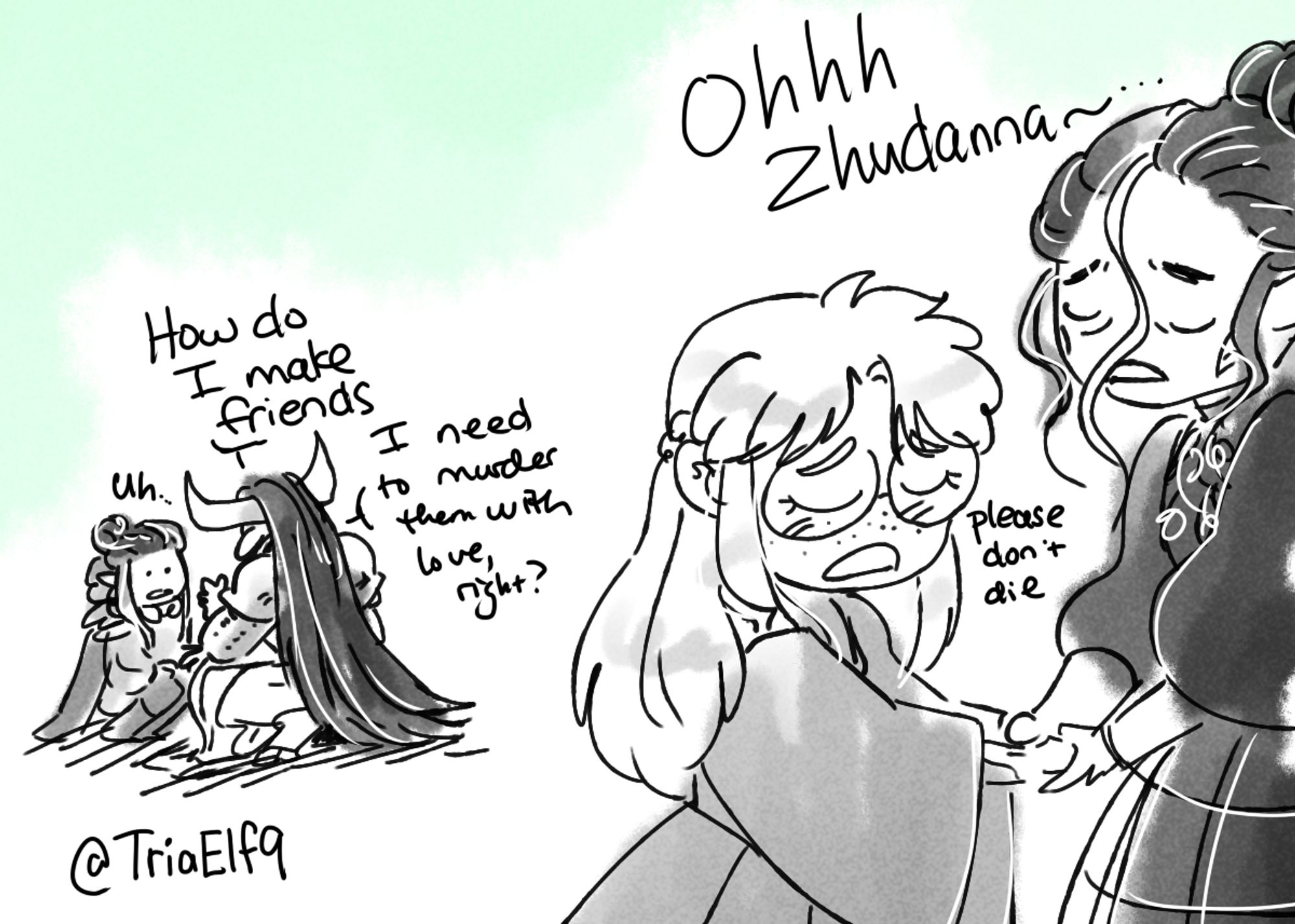 Imogen and Laudna praying for Zhudanna in the foreground as Braius begs Dorian for tips on how to befriend Bells Hells using the most evil sounding tactics