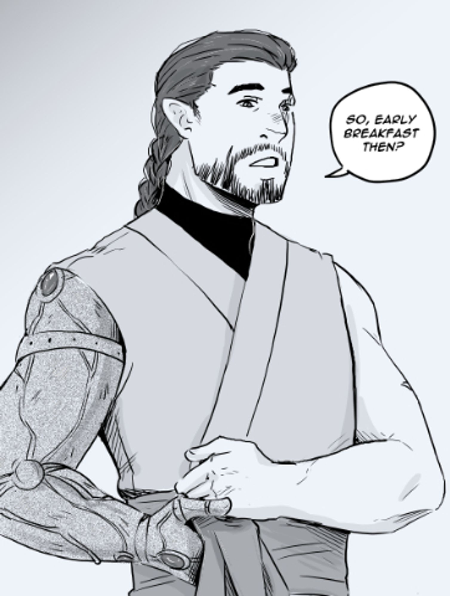 Another grayscale panel, Kahlik is finishing dressing, and without his cloak we can see he has a prosthetic arm.