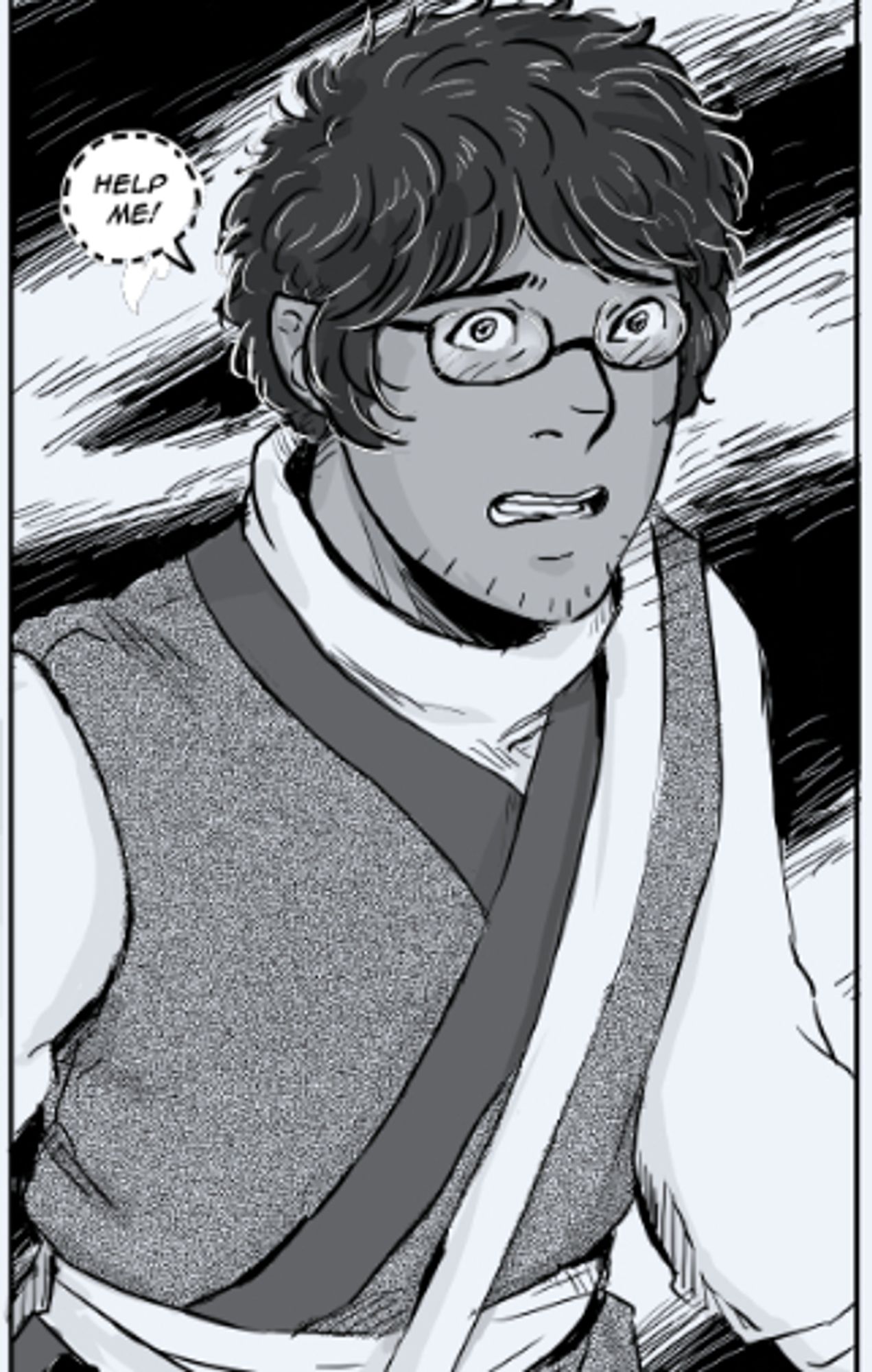 A panel of Atawn looking scared, saying "Help me!"