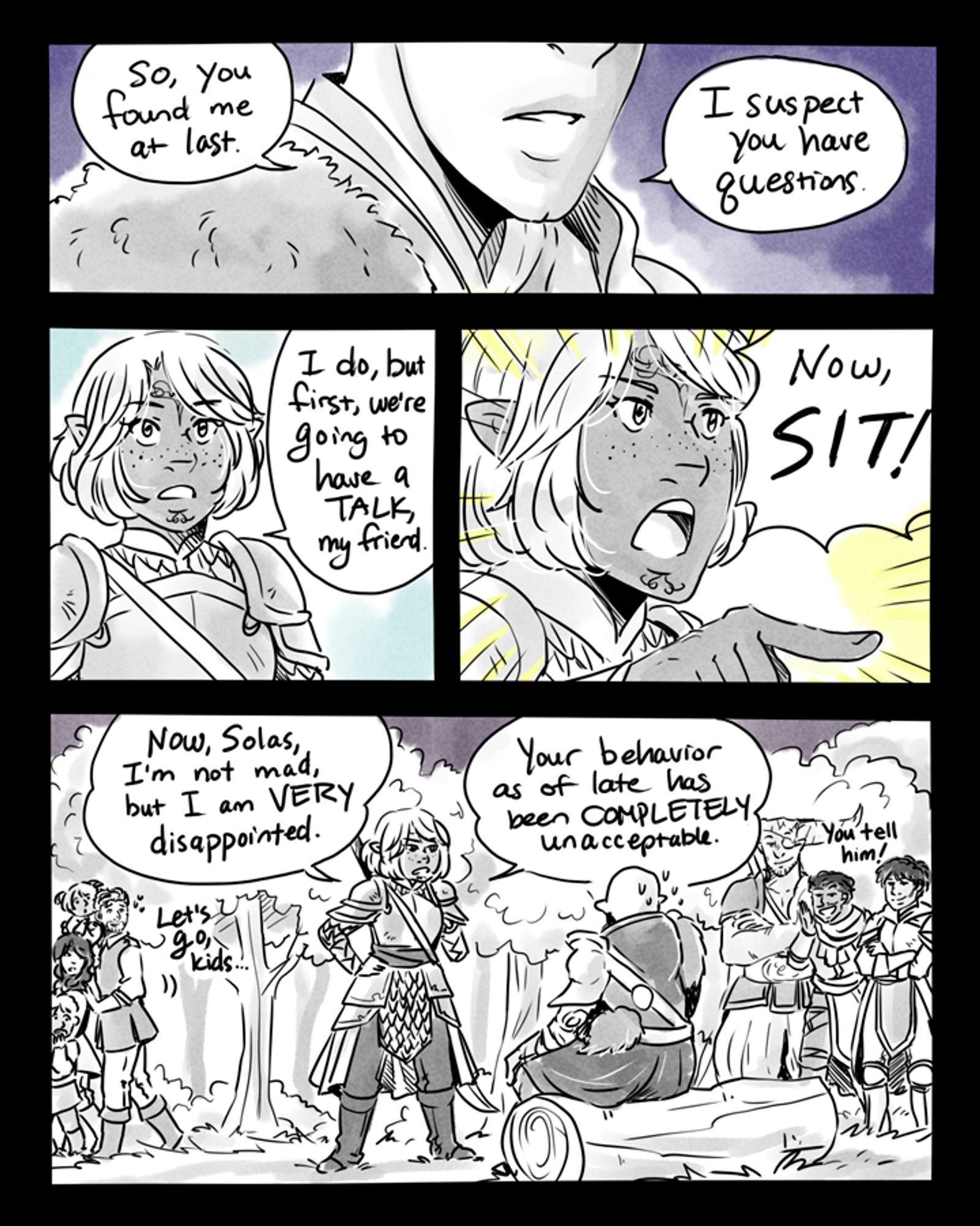 A comic where my inquisitor sits Solas down to give him a "I'm not mad, but I'm very disappointed" lecture. It's grayscale with some spot color