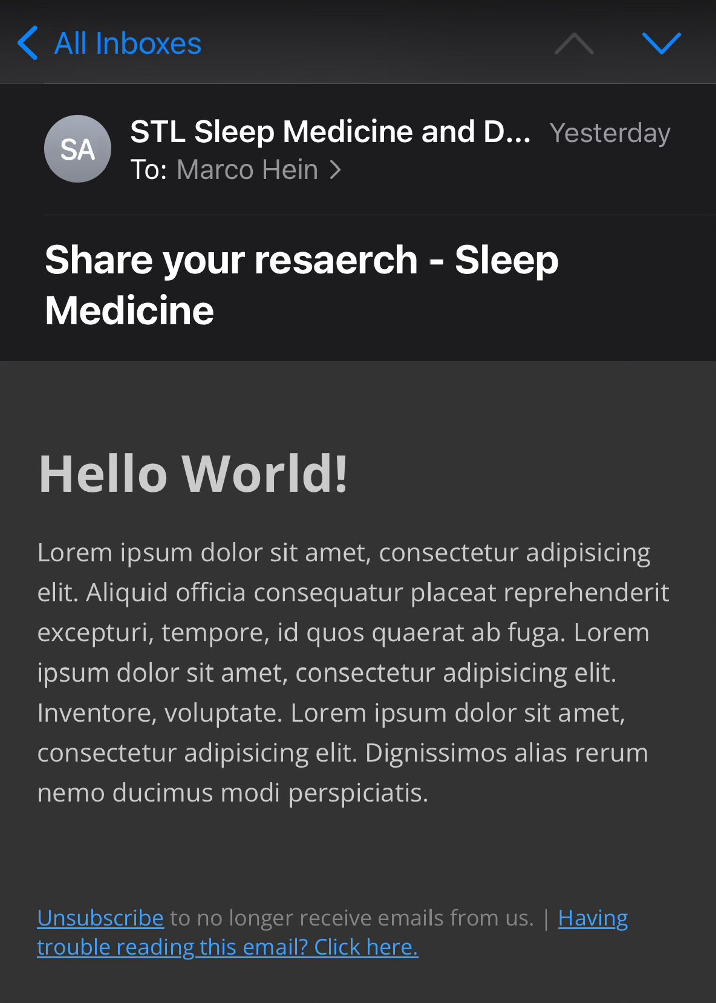 Screenshot of a journal spam email, captioned “hello world” and filled with “Lorem ipsum” placeholder text.