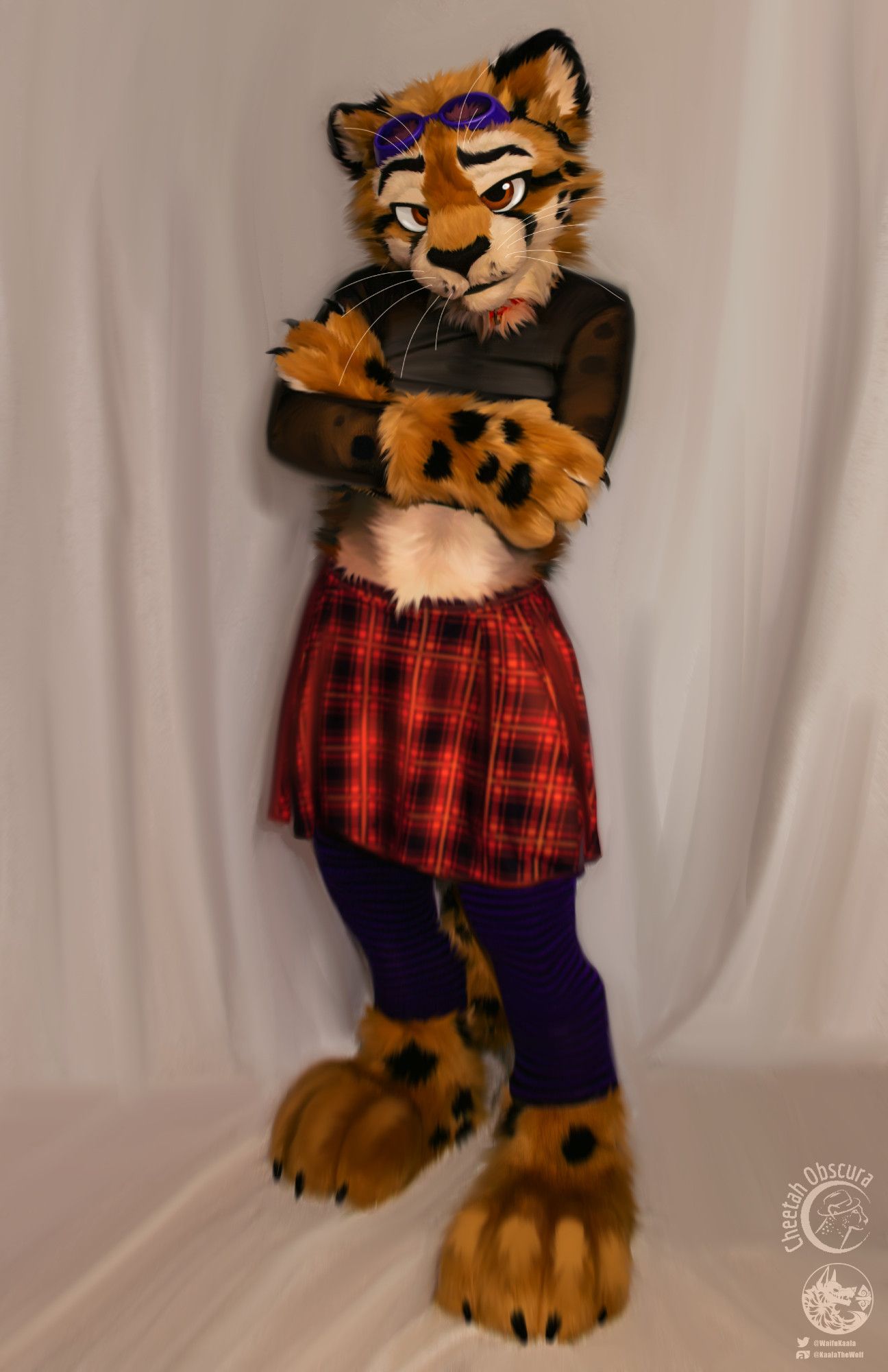 Photo drawover of Obscura standing with handpaws crossed and a giving the viewer a sassy look. They are wearing a sheer crop top, orange plaid skirt, and purple/black stripey stockings