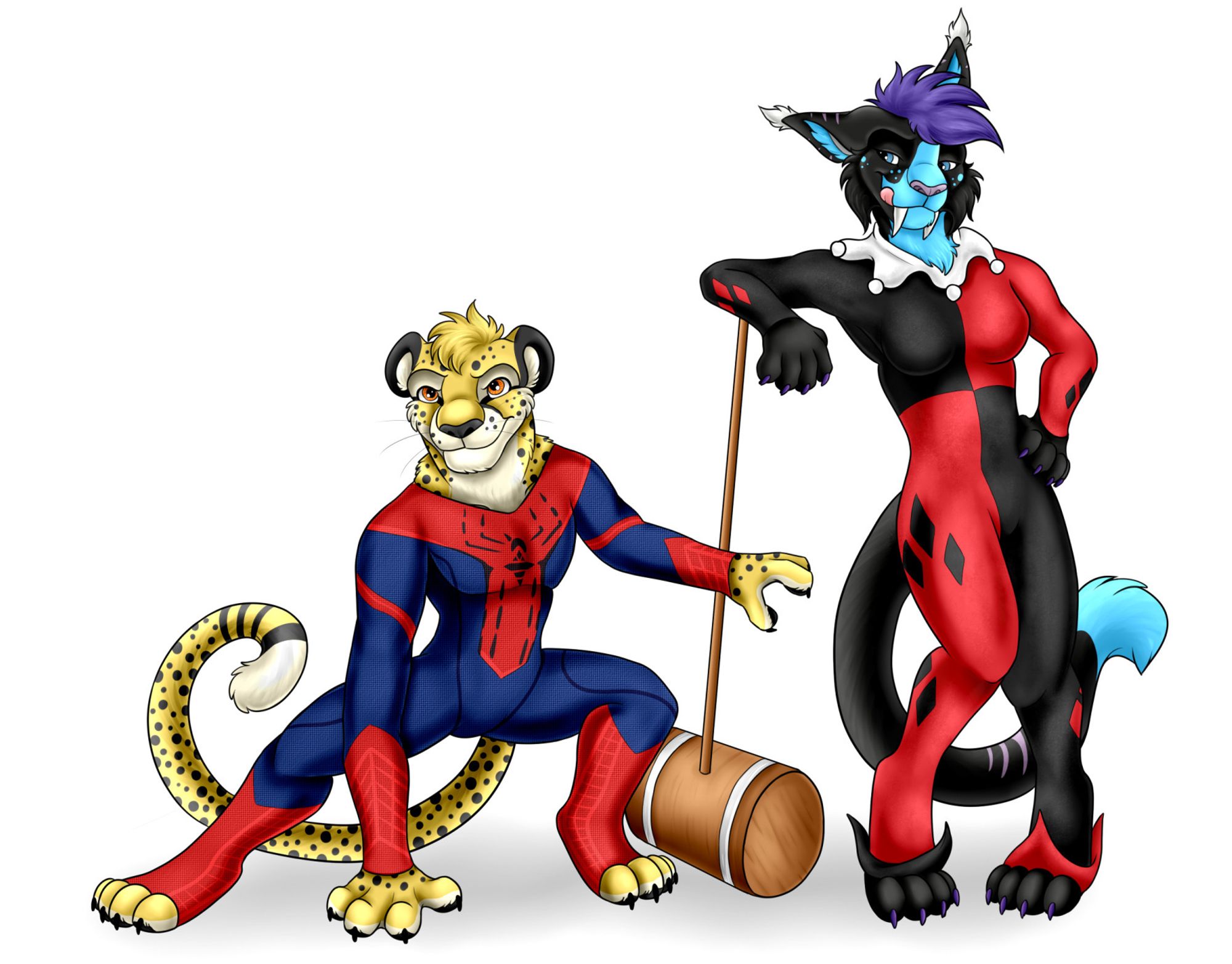 Art of Obscura in a Spider-Man costume and Gale in a Harley Quinn costume