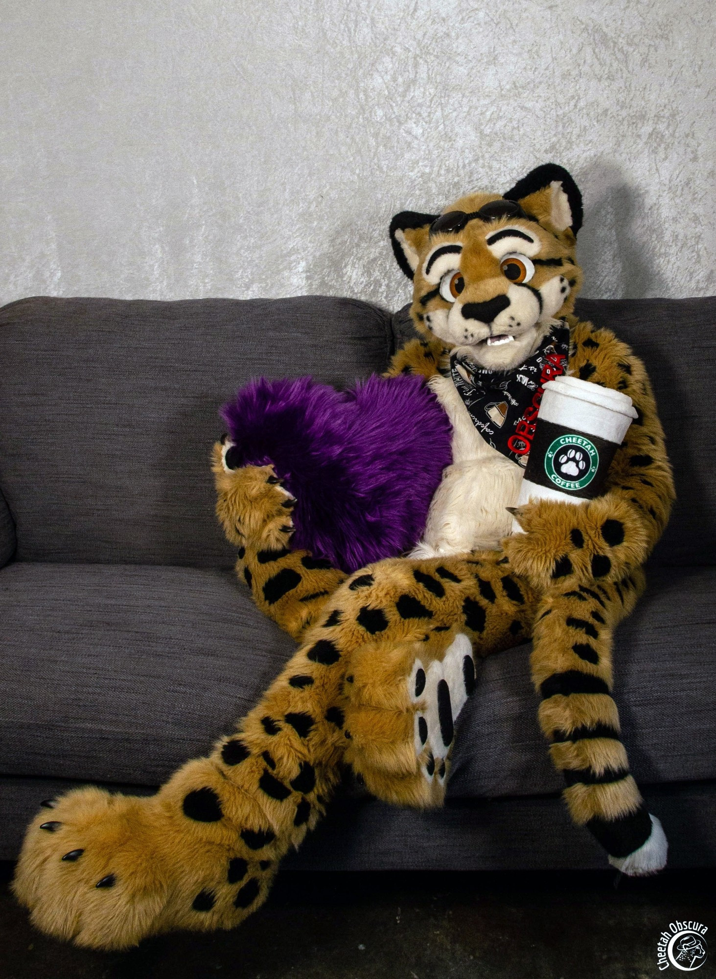 Fursuit photo of Obscura sitting on a sofa. They are holding a plush purple heart and a giant plush coffee cup. They are showing a bit of footpaw