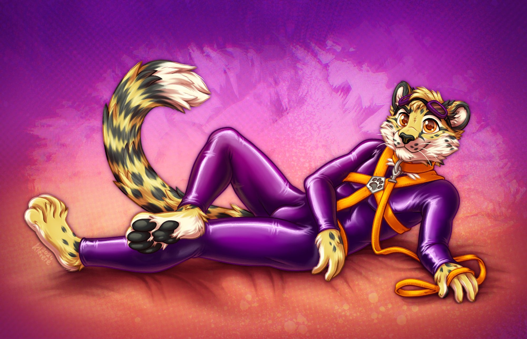 Art of Obscura reclining and showing off a footpaw. They are wearing a shiny purple latex catsuit and orange harness/collar/leash