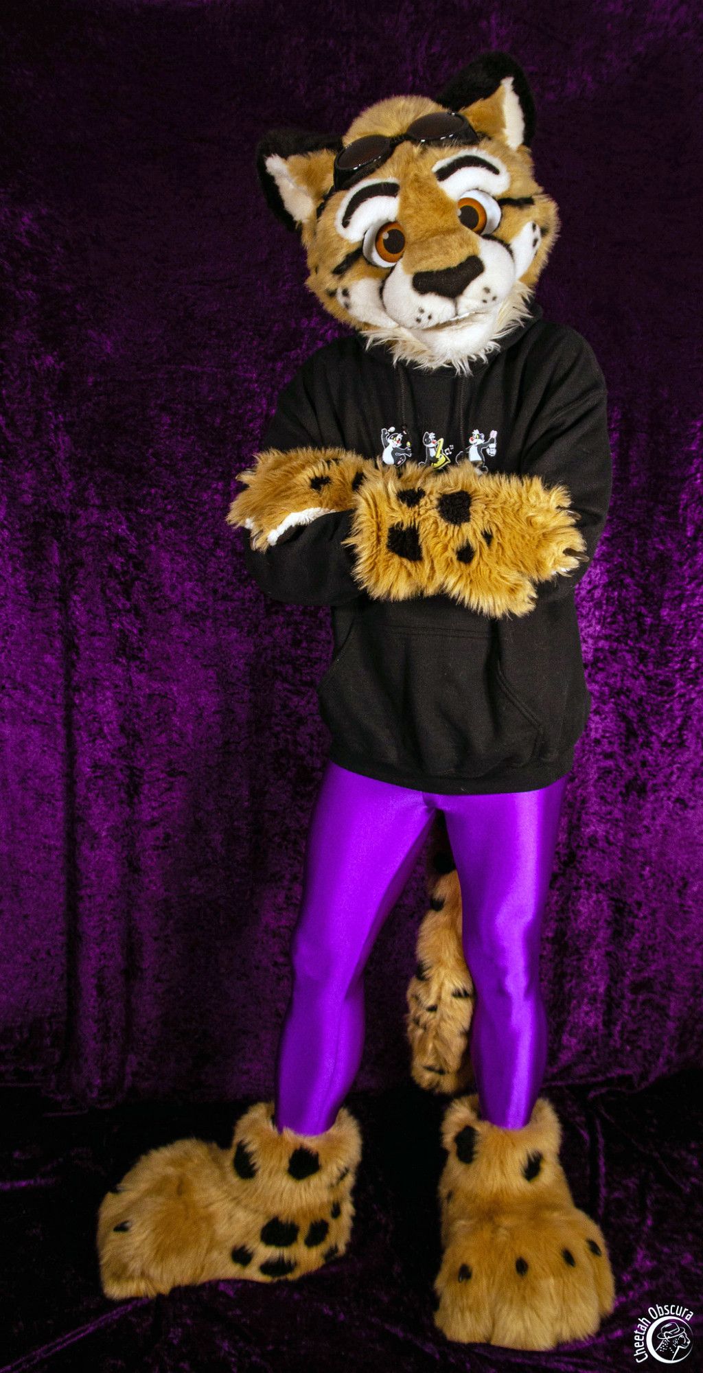 Photo of Obscura in fursuit partial and wearing a hoodie and purple spandex leggings