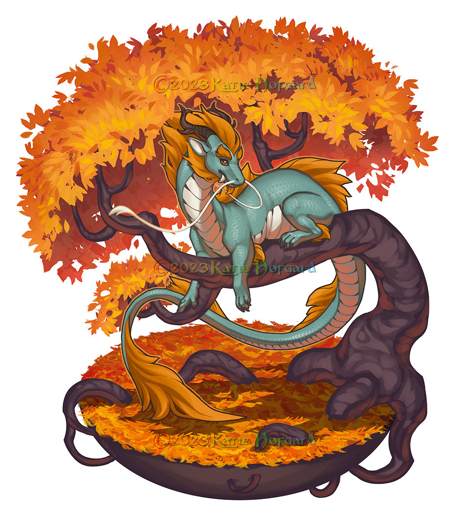 Digital painting of a small floating island covered in red and orange autumn leaves, with a large twisted autumn tree growing from it. Laying in the limbs of the tree is a teal eastern dragon with an orange mane and white belly scales.