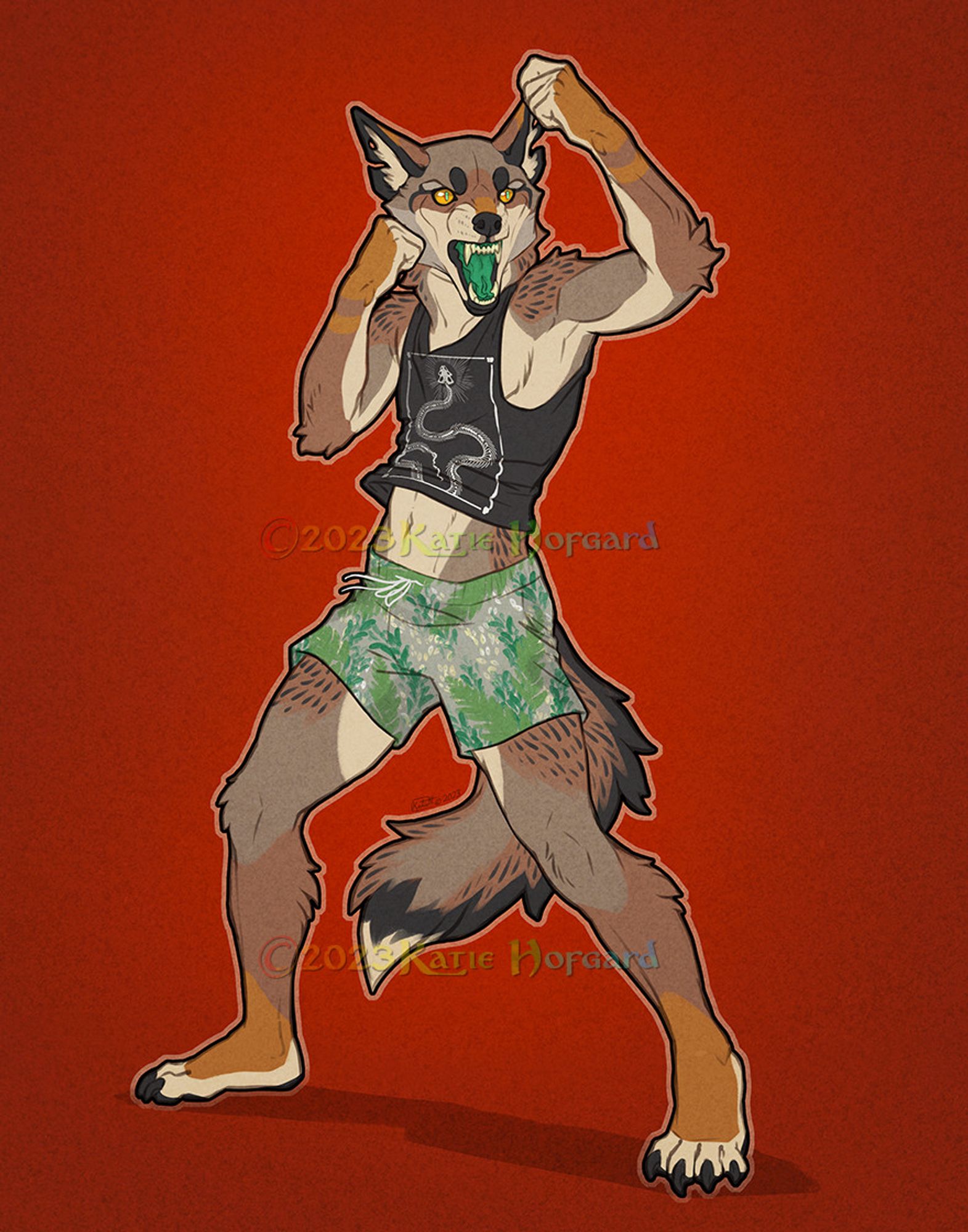 Digital flat colored drawing of an anthro coyote in a fighting stance. They are wearing a pair of leaf pattern drawstring shorts and a black tank top with a white snake skeleton motif.