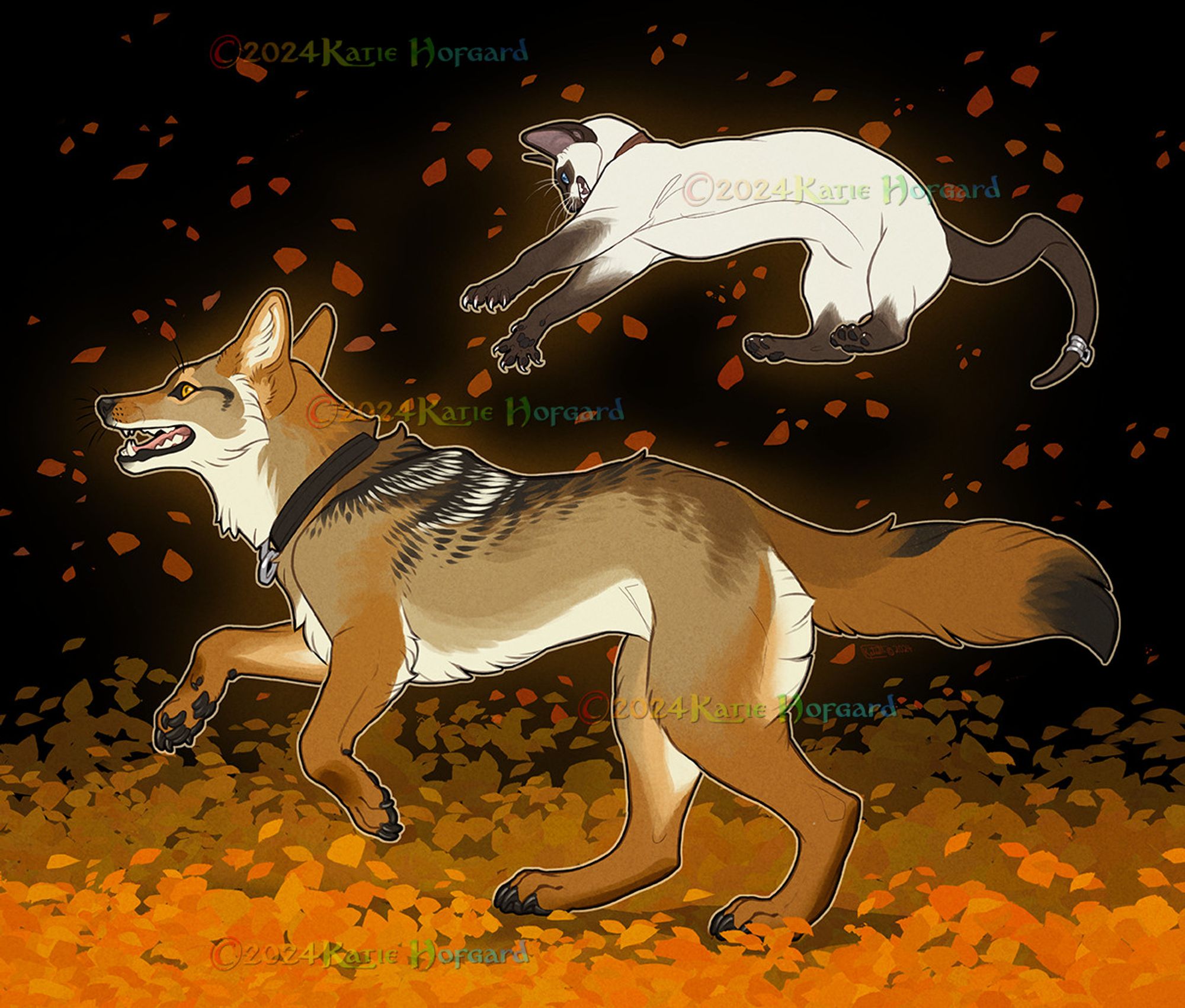 Digital flat colored drawing of a siamese cat pouncing on an unsuspecting running coyote with a simplistic dark autumn leafy background