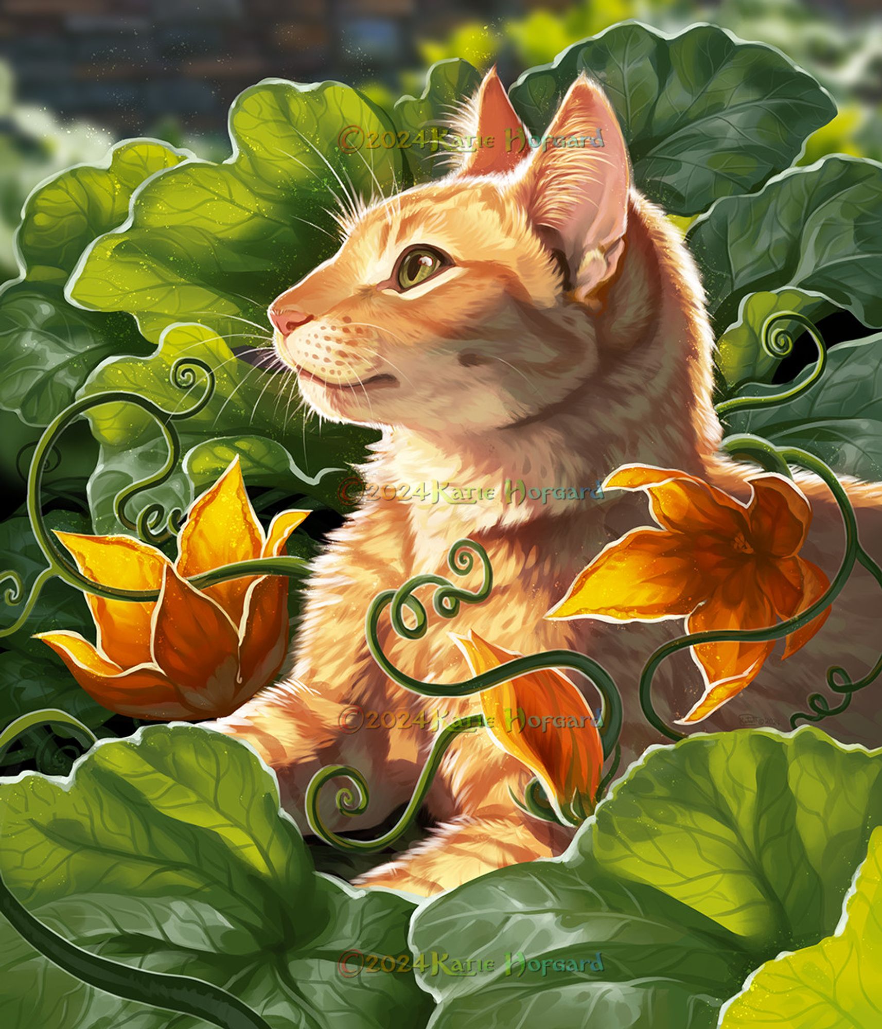 Digitally painted portrait of a beautiful shorthair orange tabby cat named Rory, lounging in a sunlit garden filled with leafy green squash plants and their huge orange blossoms.