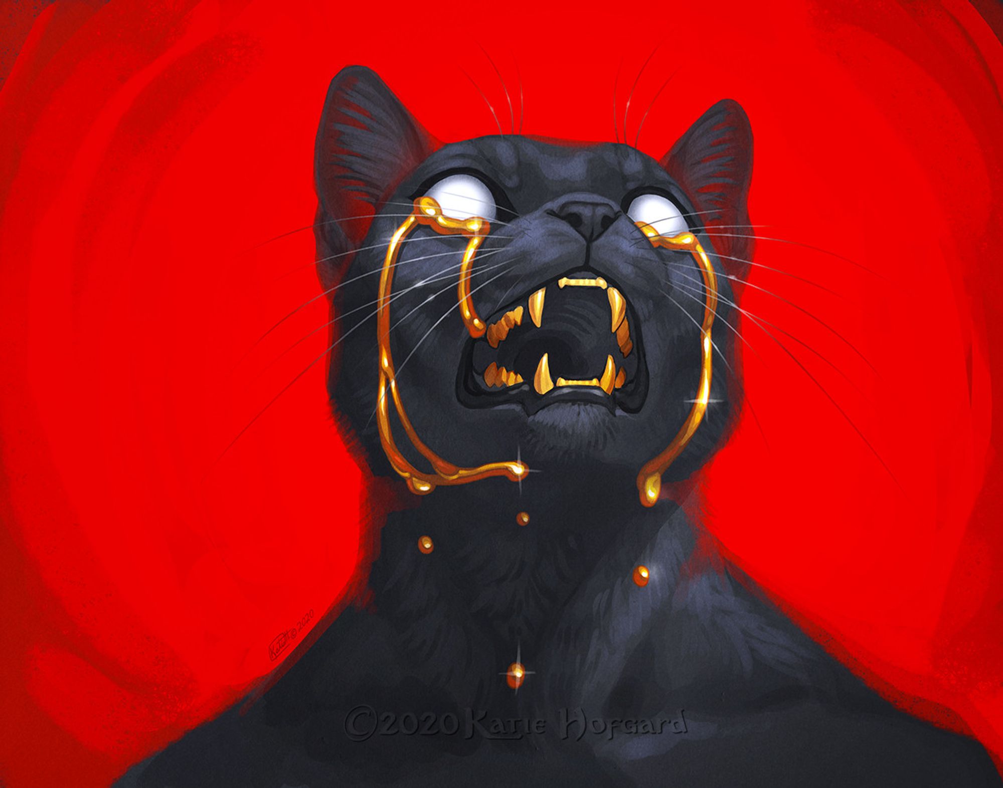 Digital painting of a black anthro cat with white eyes, crying golden tears against a red background.