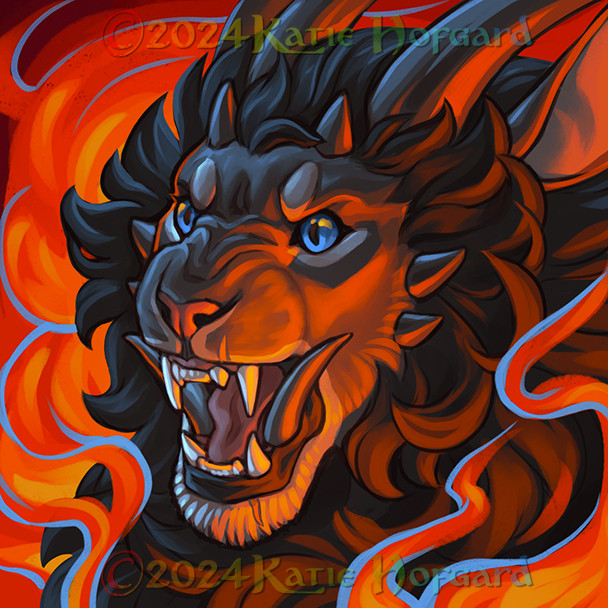 Digital painted bust of a roaring monster lion with horns and tusks, surrounded by flames.