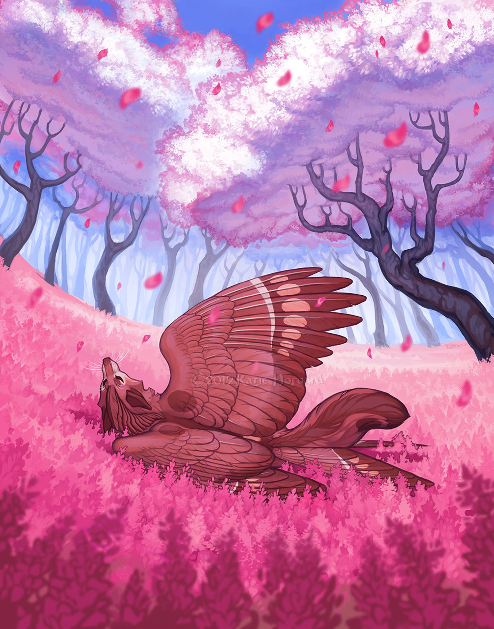 Digital painting of a winged fox laying in a field of pink flowers, raising one wing to the sky in relaxation. The sky is blue, and the trees in the background are full of white flowers.