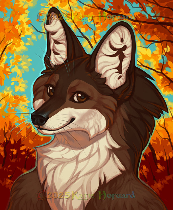 Digitally painted portrait of an anthro maned wolf with an orange and teal autumn background.