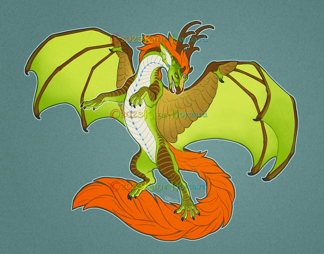 Digital colored drawing of a mostly green dragon with dark brown horns and antlers, dark brown scales on the legs and arms, a cream colored scaled belly with little blue embellishments going all the way down, an orange mane, and orange fluffy tail. She it flying upward with her wings out, her body in a dramatic s-shaped curve.