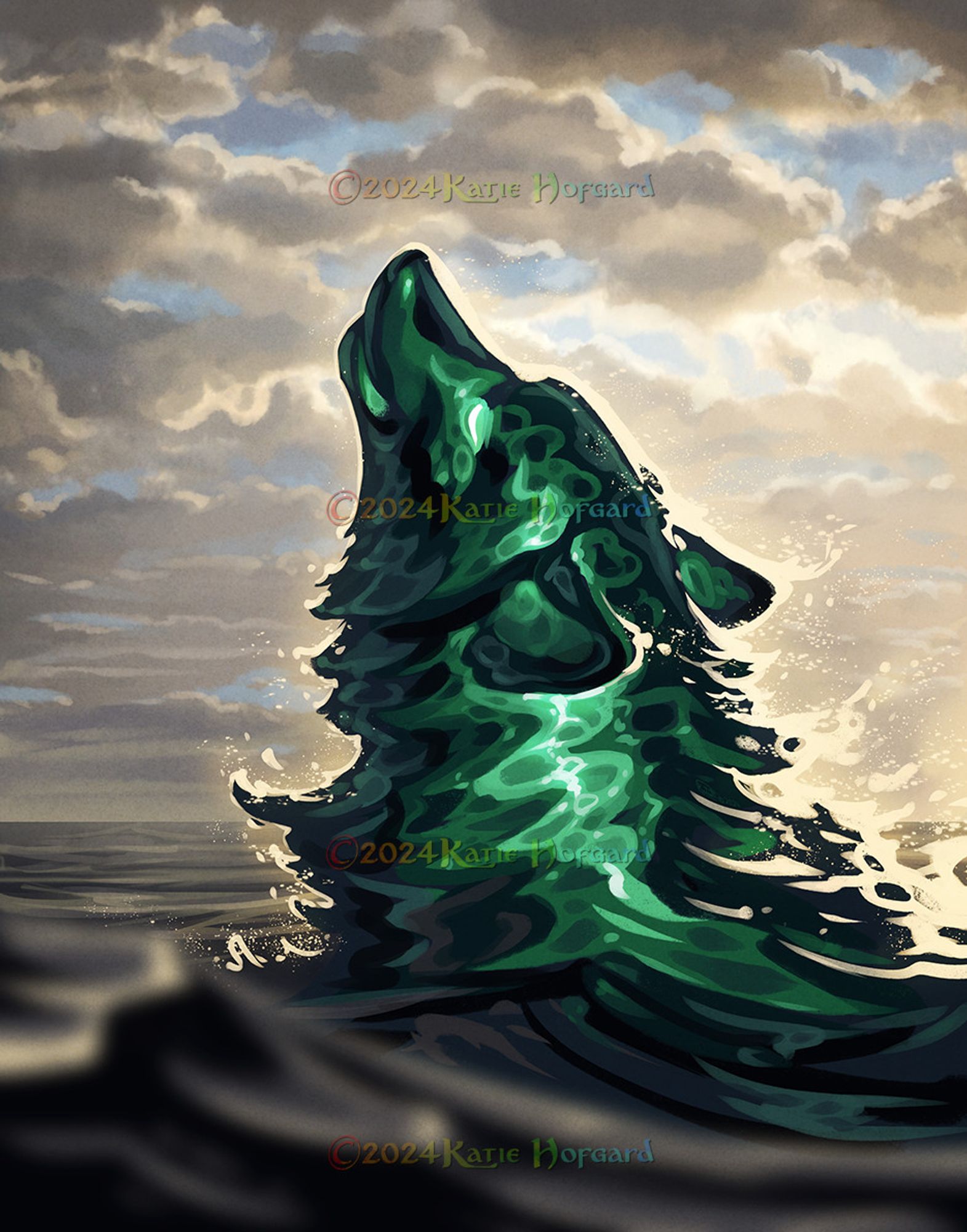 Digital illustration of a malachite green ocean wave shaped like a wolf, peaking over a dark ocean against soft sunny skies.