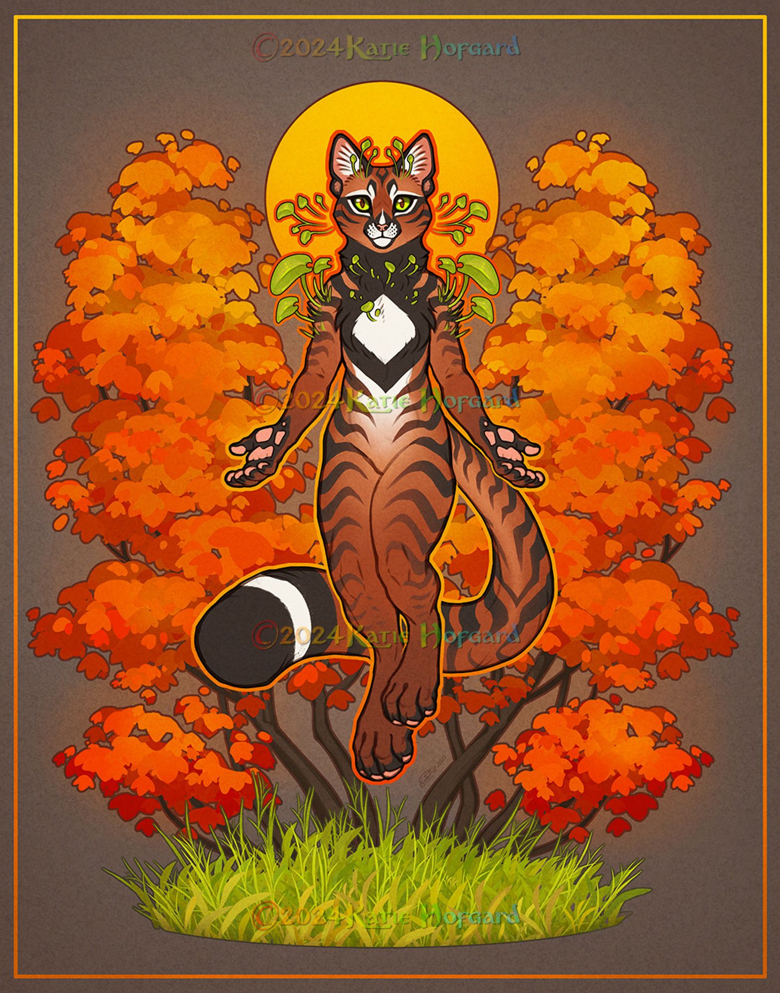 Digital drawing of an anthro red tabby cat, floating with their arms open before a stand of red autumn trees. green plants sprout from their shoulders and whiskers, and a golden circle halos their head from behind.