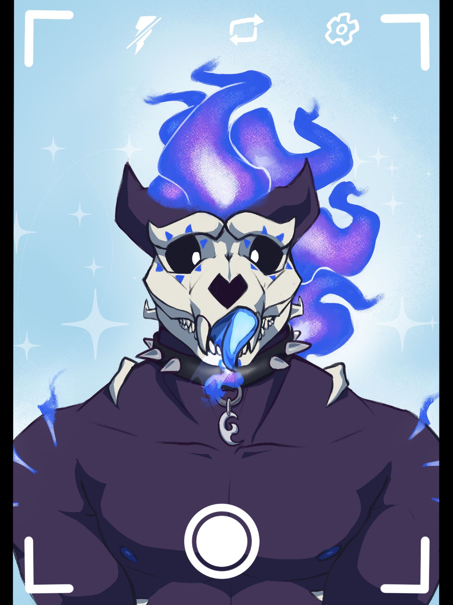 Anthropomorphic monster with a canine skull for a head and hair like blue and purple fire, licking cutely at the camera while looking confused.