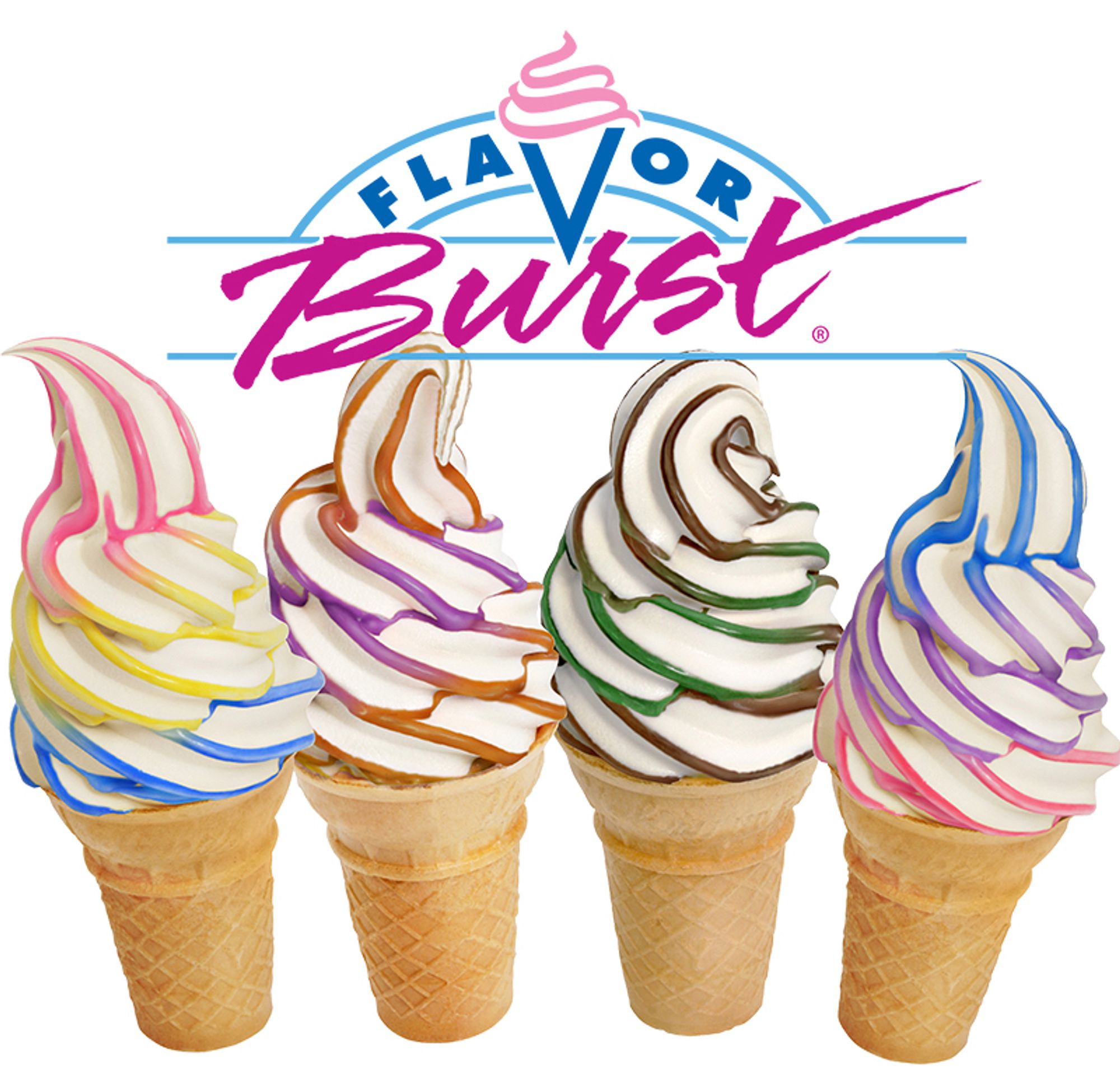 Flavor burst ice creams with flavor infusions in fun colors in the soft serve 🍦 

Ice creams 4 of them in cake cones