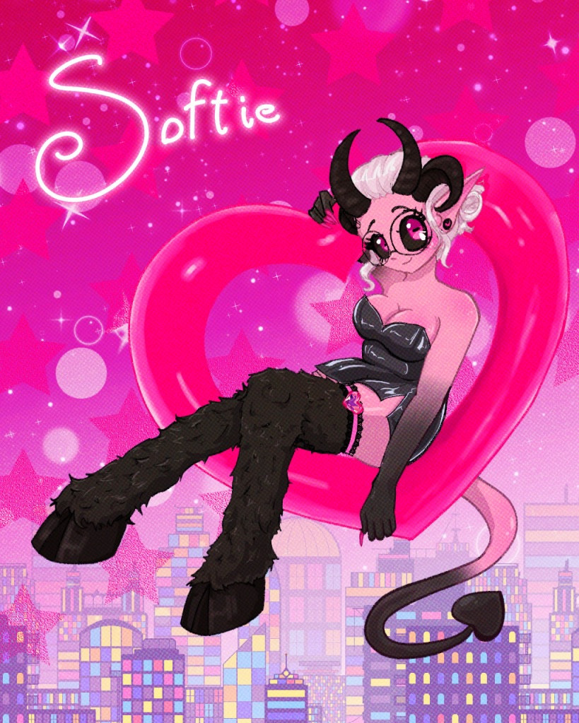 softie in their hell form sitting in a floating heart over a neon city scape 