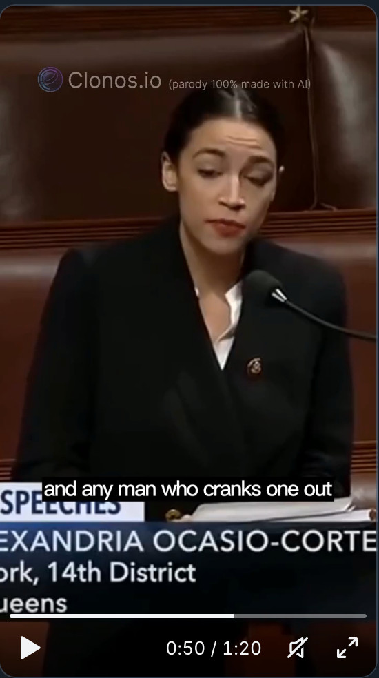 Still from the AI video that Chris Cuomo fell for. The video is watermarked "parody 100% made with AI". The caption on the screen shows a very poor fake Rep. Ocasio-Cortez saying "and any man who cranks one out..."