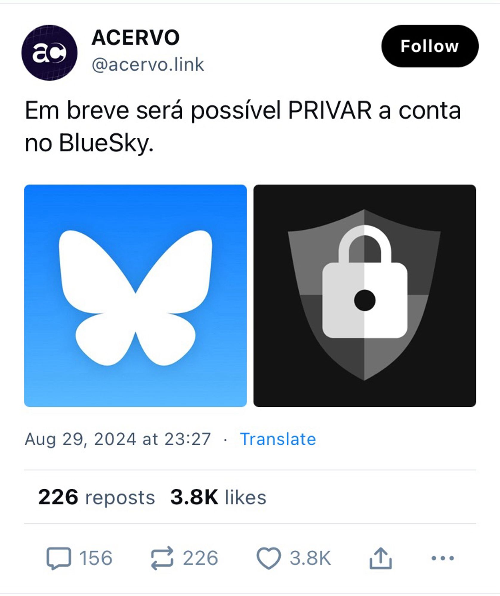 Post by acervo.link: Em breve será possível PRIVAR a conta no BlueSky.