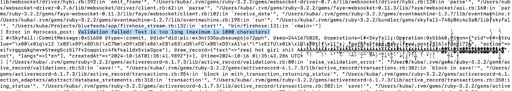 Terminal logs that say "Error in process post: validation failed: text is too long (maximum is 1000 characters), and below there's some zalgo text