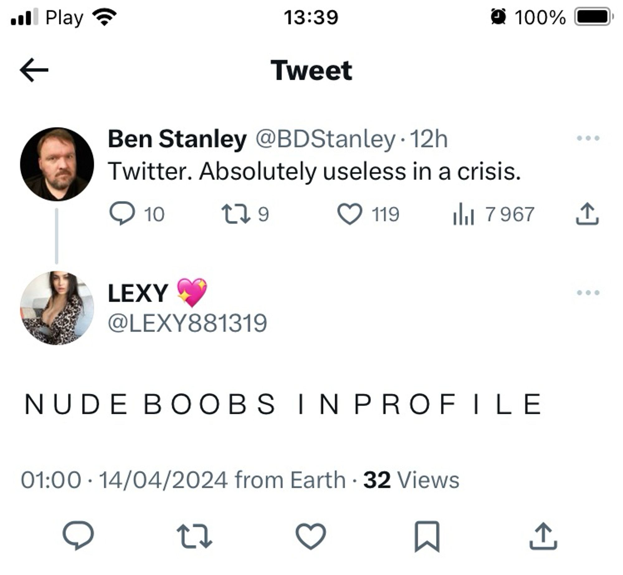 Ben Stanley on Twitter: "Twitter. Absolutely useless in a crisis."

Comment below by Lexy: "nude boobs in profile"