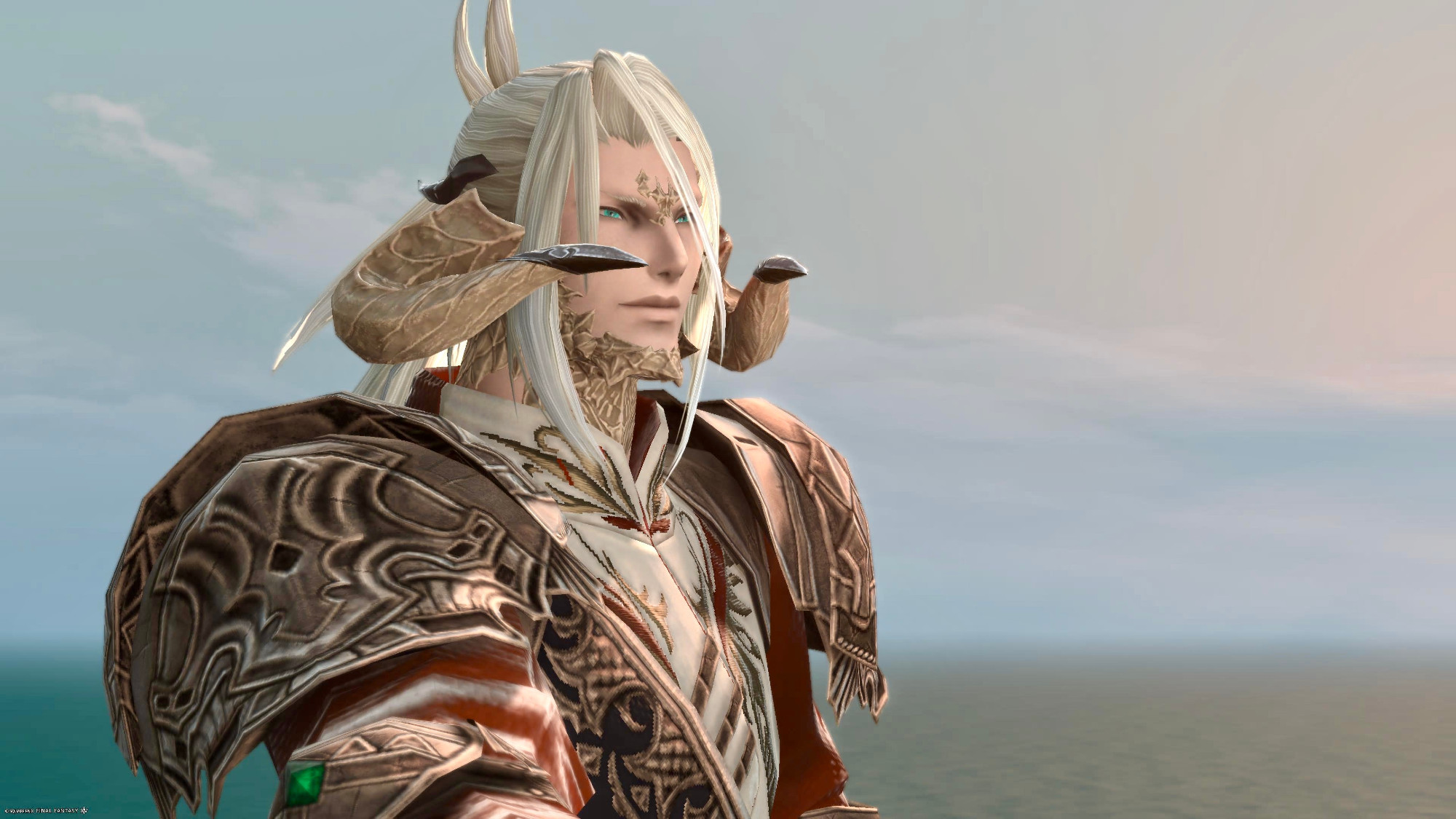 Au Ra Warrior of Light in red, white, and bronze armor against a blue sky and open water