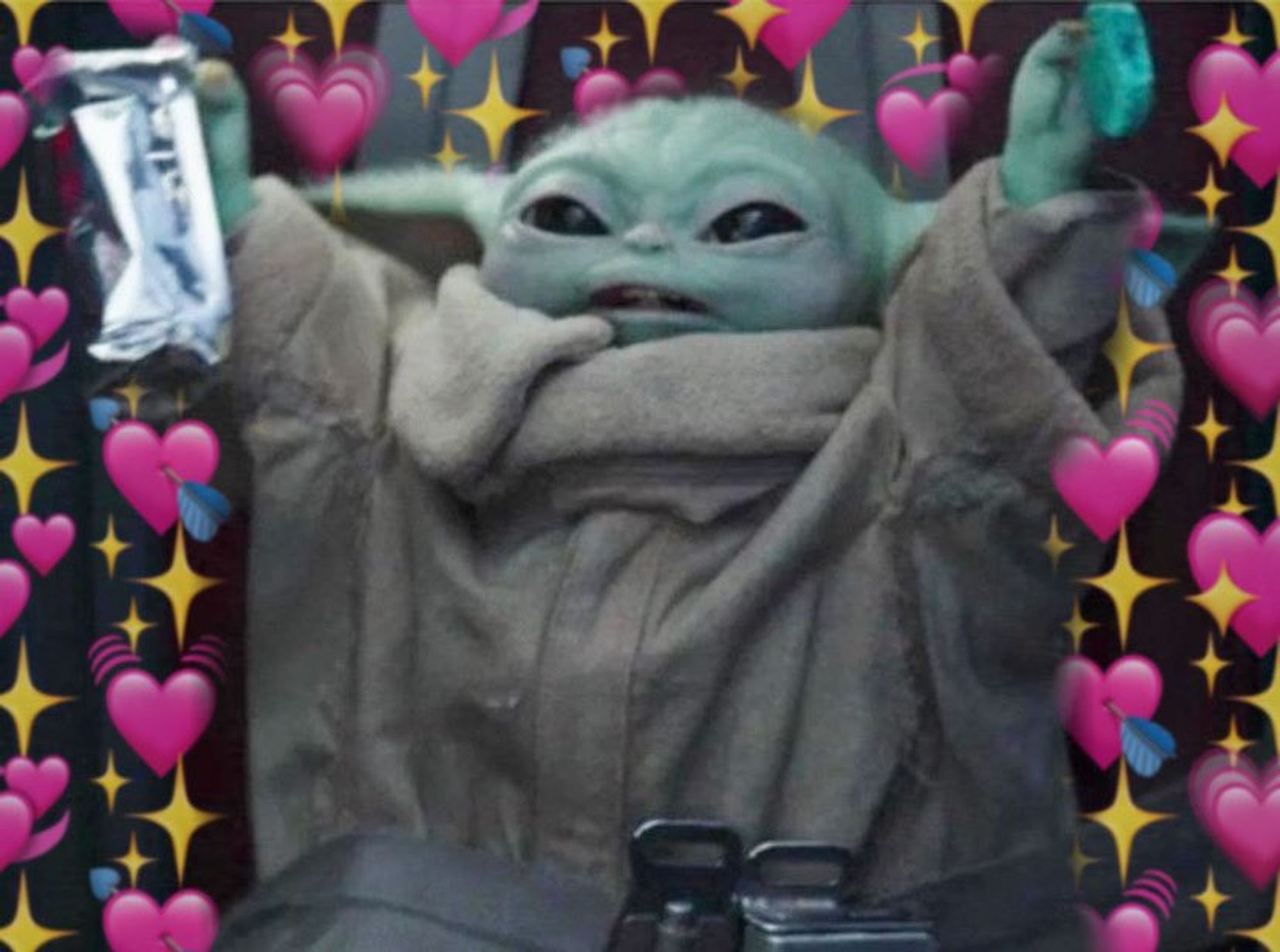 Baby Yoda with hearts and star emojis