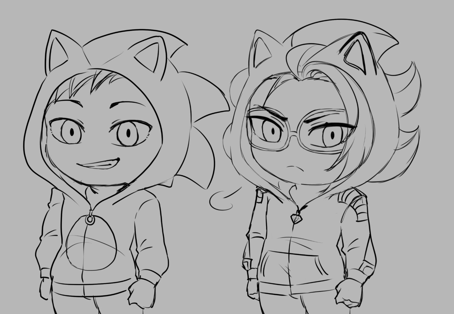 A work in progress sketch of Arlo and Spark from pokemon GO drawn in chibi wearing Sonic The Hedgehog and Shadow the Hedgehog hoodies 