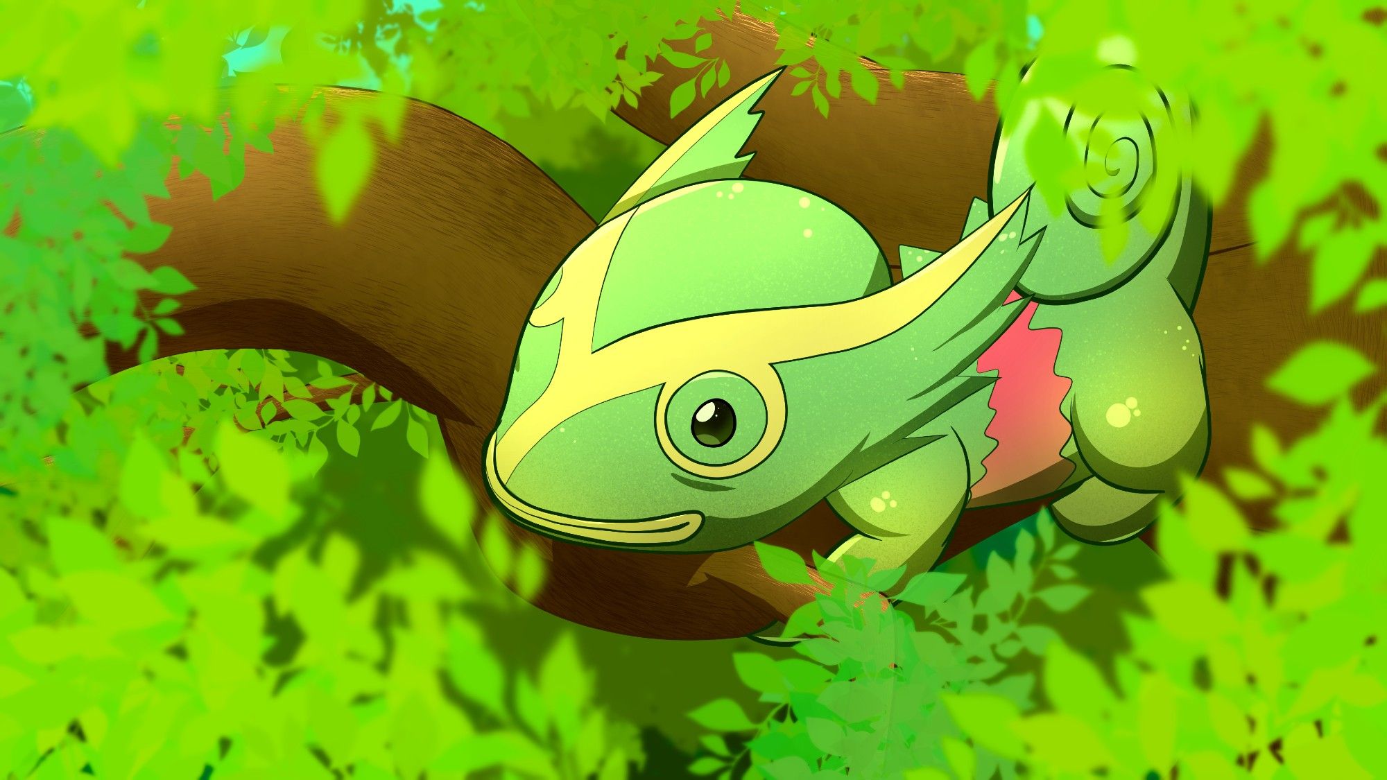 Digital art drawing of Kecleon lying on a tree branch