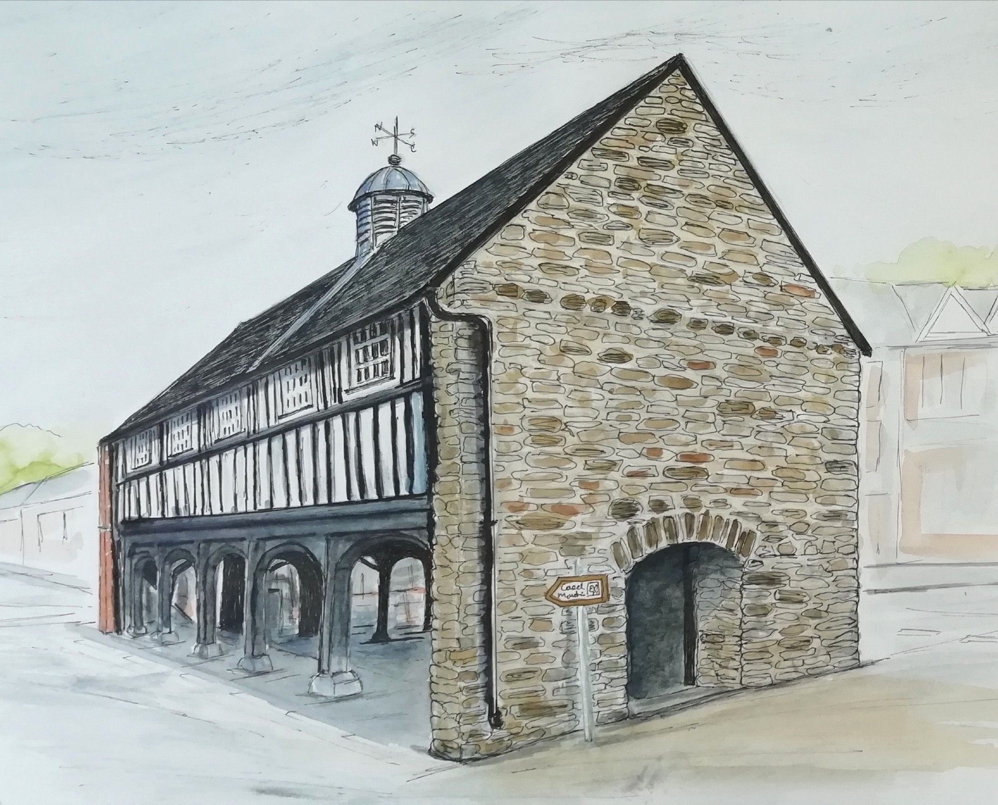 Watercolour of Llanidloes market hall