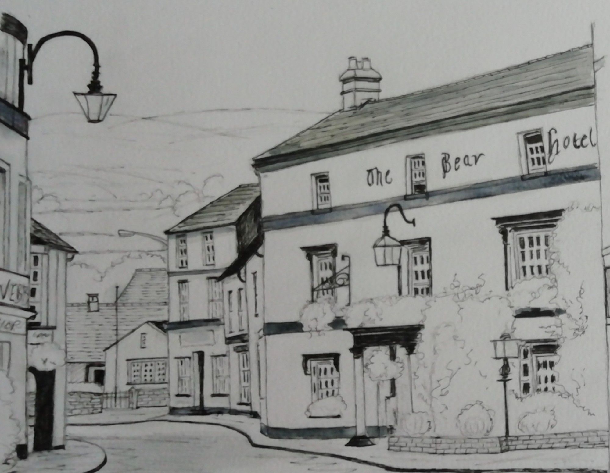 Ink drawing of the Bear Hotel Crickhowell