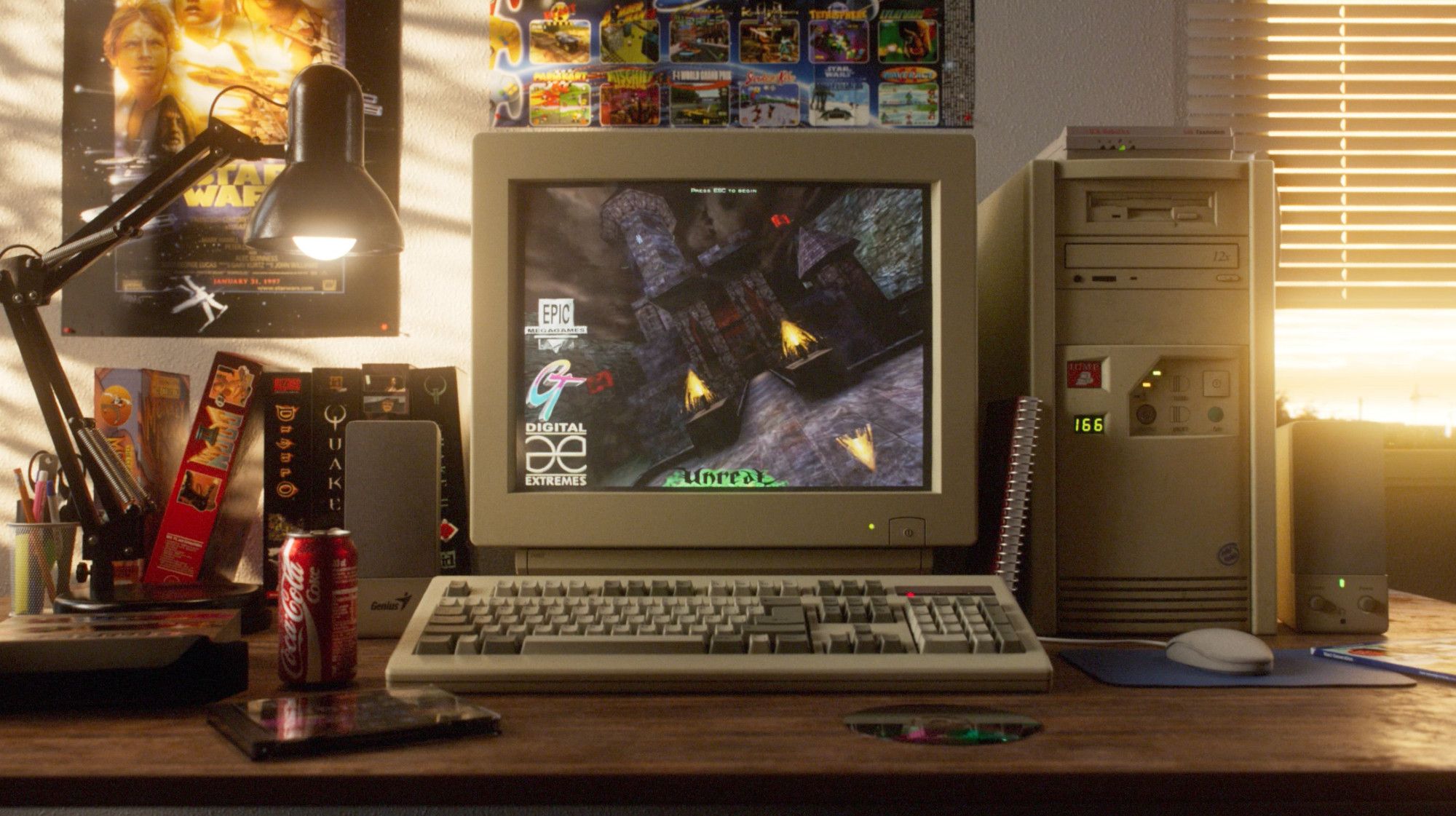 A desktop with a mid-90s computer tower and monitor which is running the game "Unreal" from 1998. To the left are other videogame boxes and a coke can. On the table sit the Unreal box and CD jewel case. The back wall has a Star Wars 1997 re-release poster and a Nintendo 64 games poster. Afternoon sunlight coming in from a window off-camera to the left, while a window on the right glows with warm light from the outside.