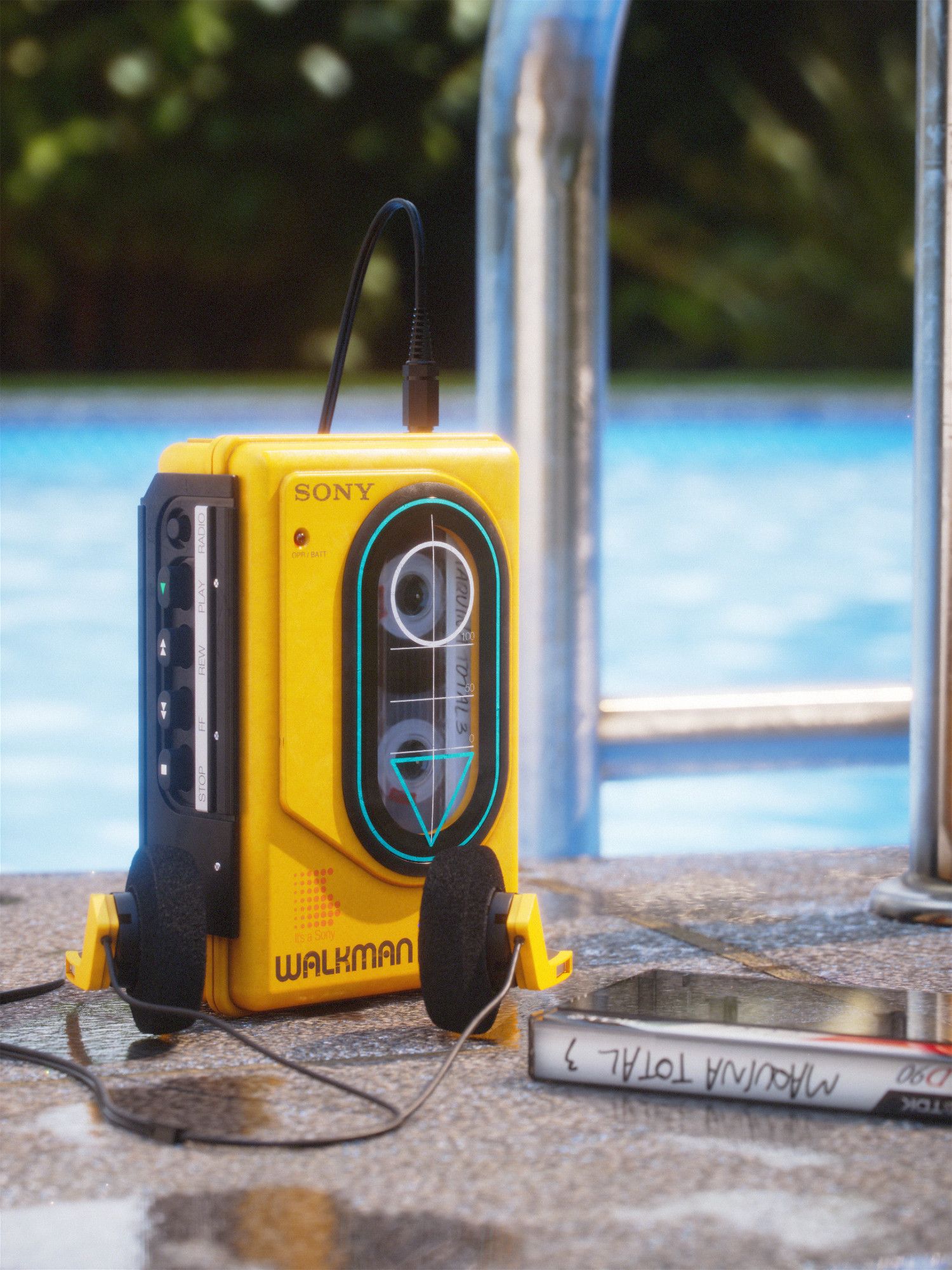 A Sony Sports Walkman from the 90s standing upright on the edge of a pool. A casette case next to it and a pirate recording of a popular Spanish techno compilation playing in the walkman. Scattered water puddles on the ground.