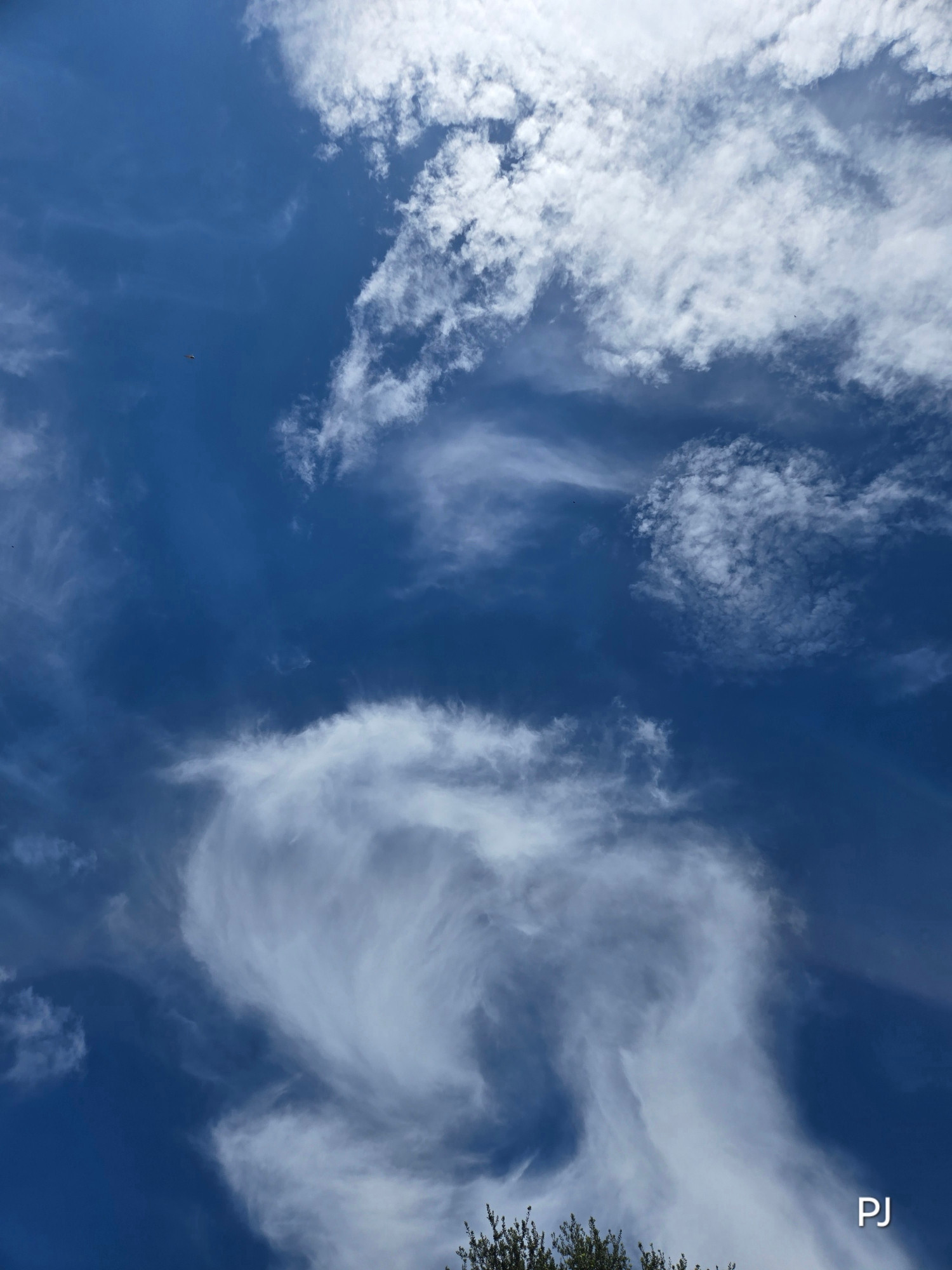 Photo of a blue sky. Clouds in lower puc are brushed, wispy white, almost in the shape of a hand closing.  Upper right Fluffy white into grey clouds look like a Dragon with wings spread  and its claws tucked under its body, coming in for a swoop.