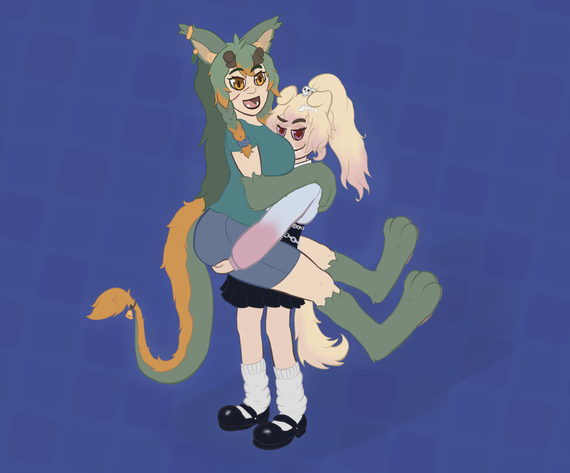 A redraw of the "taller lesbian and shorter lesbian" meme with gyaru ghost doggirl vtuber BoowowENVT and hulder vtuber LufinaVT. Lufina is being carried by boowow who has a smug expression.