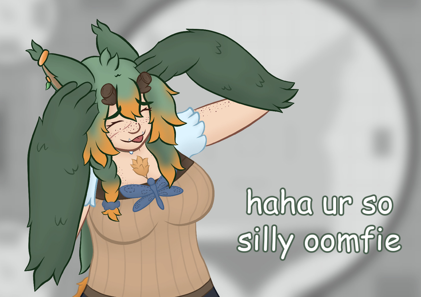 Parody of the "ah, eto... bleh" meme starring Hulder VTuber Lufina Schattenwald on a gray background with text saying "haha ur so silly oomfie" in the Comic Sans font.