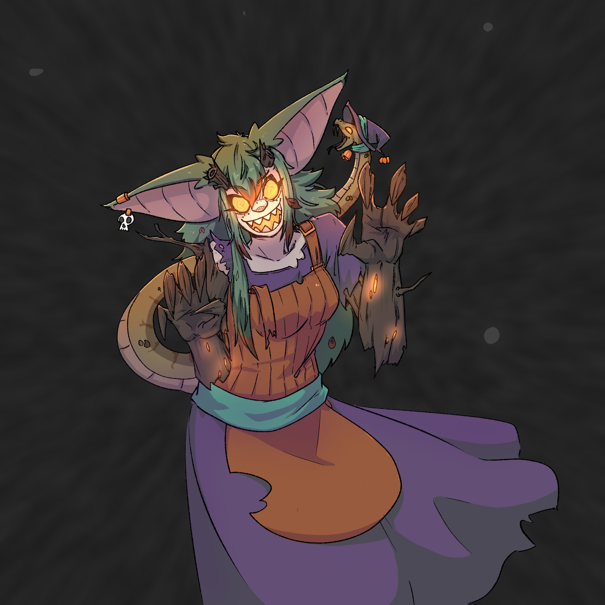 illustration of a monster woman wearing a tattered purple and orange dress and apron combo with a teal sash. She has messy green hair, large bat-like ears and wooden horns/antlers that have been snapped off. One of the ears has a skull ear ring.

The monster woman has glowing yellowish eyes with white spirals in them, a large nose and an open mouth grin with sharp teeth and a yellow glow. She has large arms made out of wood and a snake for a tail. The snake is wearing a witch hat on top of its head and a choker around its neck with a bell attached to it.

The background around the monster woman is mostly black but has some blurred and transparent white noise overlayed.