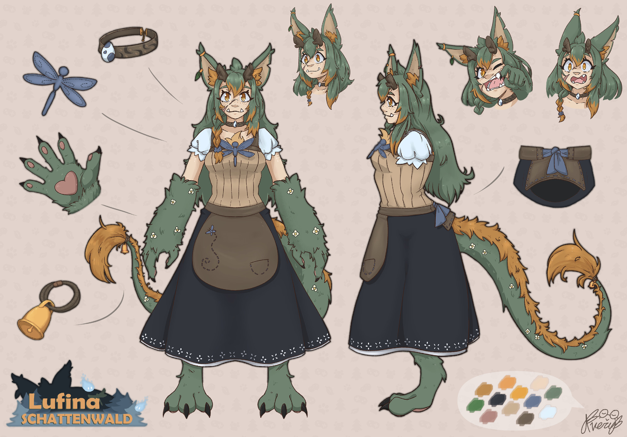 A reference sheet to help artists draw the virtual streamer hulder V-Tuber "Lufinabina".

The reference sheet consists of a front and side view and a few expressions as well as detailed views of some features of the design. 

The character in the reference sheet is a tall monster woman with very large green mossy arms/hands, wooden horns/antlers, a large green tail with orange fluff that ends in an orange fluffy tuft (like the tail of a eastern dragon), large lynx-like ears and green mossy digitigrade paws for feet. 

She has yellow eyes, long green hair with orange highlights, freckles, a scar across her face and protuding bottom teeth, sort of like the tusks of an orc character.

She is wearing a beige cottagecore-esque top and skirt combo, with a white undershirt, the skirt part of the dress is black and has a white hem at the bottom. The skirt is tied with a brown apron that has a small pocket and a butterfly print on it. 

She is also wearing a choker necklace with an egg charm on it and the front of her dress is adorned with a felt dragonfly. near the tip of her tail is a golden bell fastened with a loop of rope.

illustrations made by bluesky user @averyowly.bsky.social