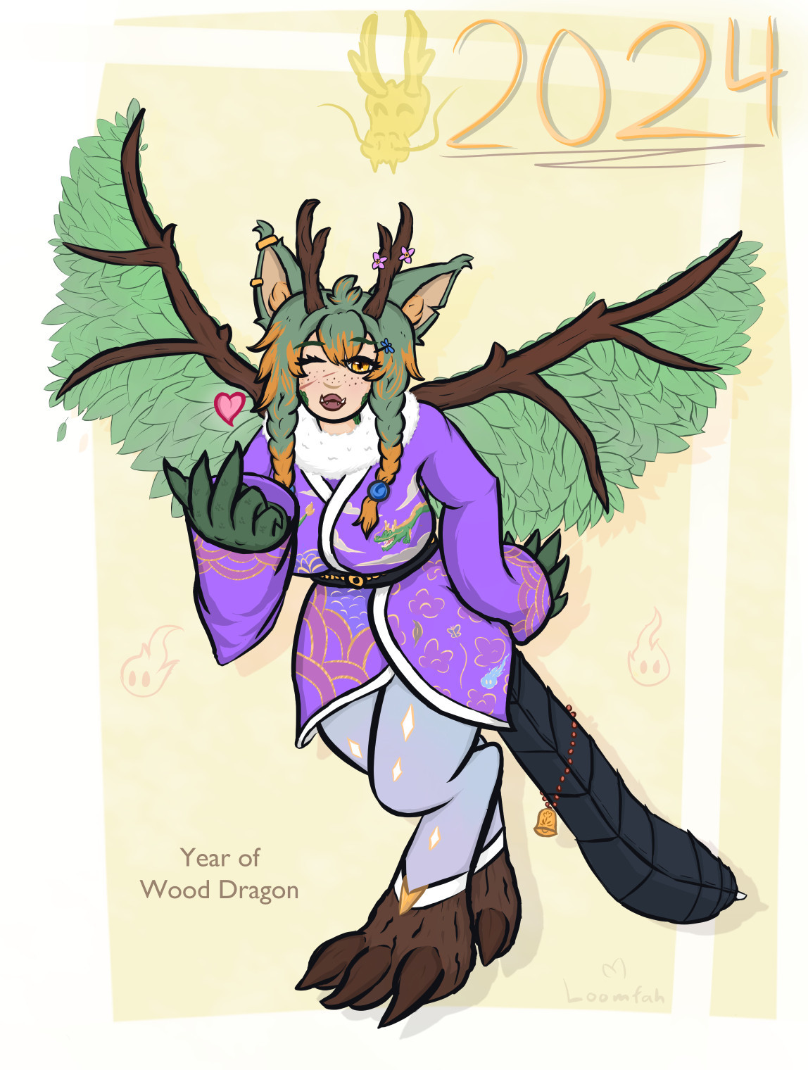 An illustration of an alternative design of hulder vtuber Lufina Schattenwald, it is based on year of the wood dragon. She has wings made from branches and leaves, wooden horns and digitigrade legs that end in wooden paws. she is wearing a purple kimono-type outfit and blue leggings. She has a dragonfly tail. Her hair is parted into two braids on the sides and the colour is a mix of green and orange. She has large hands that end in sharp claws. 

There is a large "2024" text at the top right of the image and at the bottom left text says "Year of Wood Dragon"