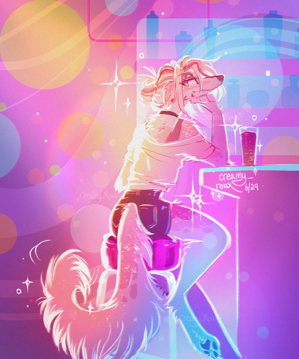 anthro borzoi seated on a stool at a colorful bar, leaning on his elbow with head resting in paw